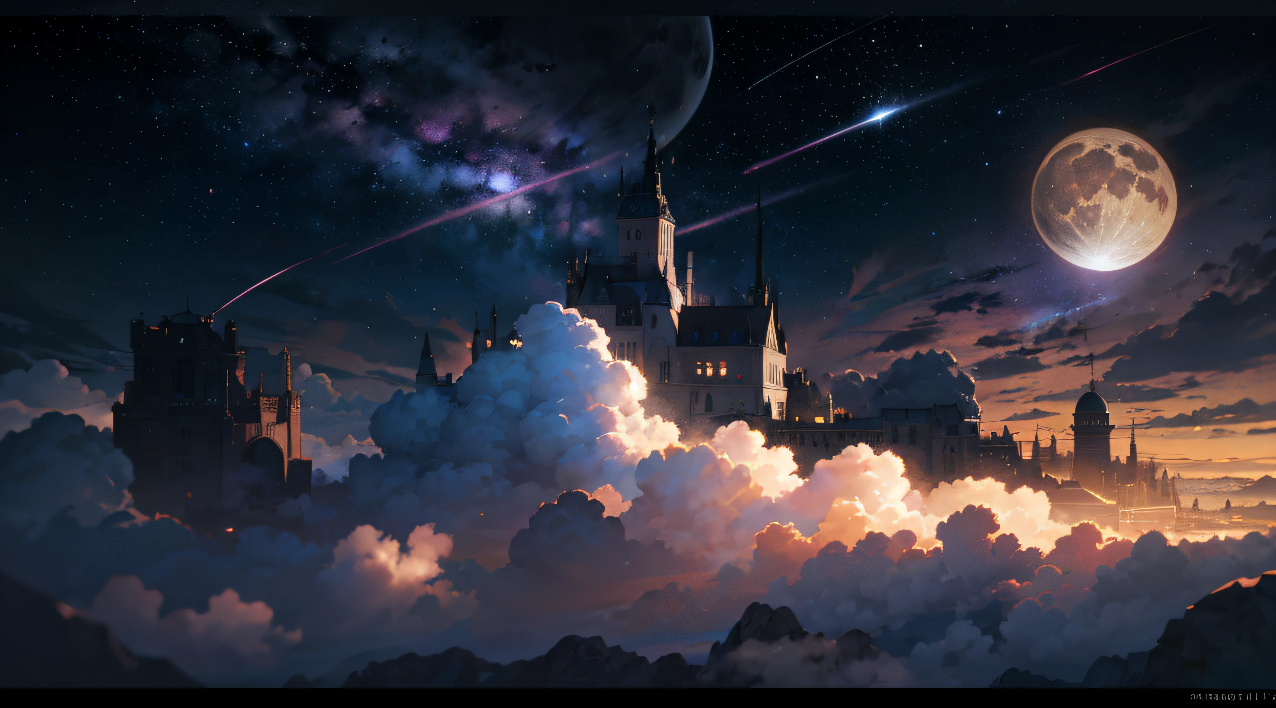 Expansive landscape photograph,(moon full:1.2),(meteors:0.9),(Starcloud:1.3),(Warm light source:1.2),(glowworm:1.2),lamp lights,Lots of purple and orange,Complicated details,Volumetriclighting,Realism BREAK(tmasterpiece:1.2),(best qualtiy),8K,Ultra-detailed,(dynamic compositions:1.4),The is very detailed,Colorful details,(Irridescent color:1.2),(luminouslighting,Atmospheric lighting),dream magical,magical,(独奏:1.2),((best qualtiy)), ((tmasterpiece)), (the detail:1.4),depth of fields,maximum definition and sharpness,perfectly proportions,Fluttering clouds,Wallpapers