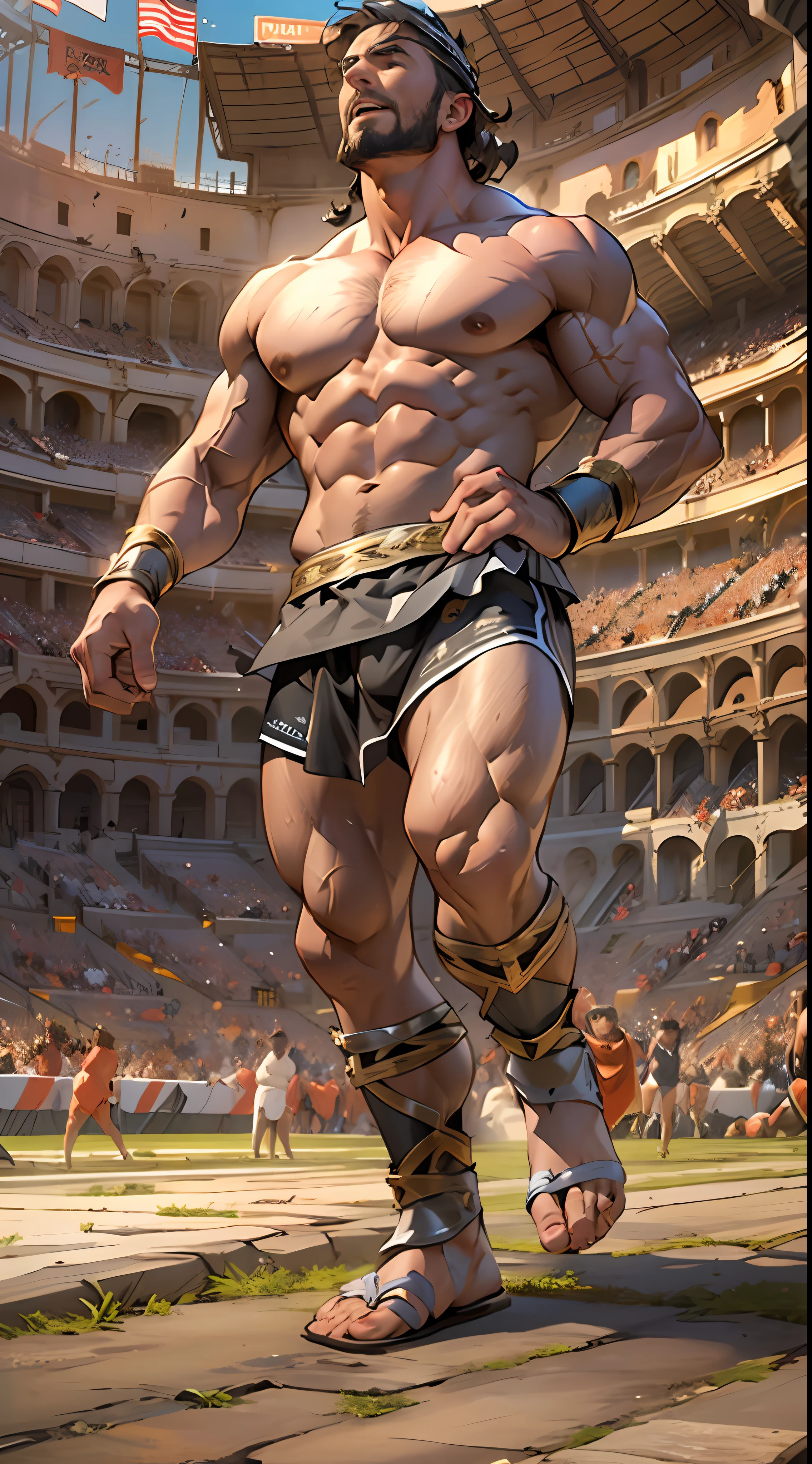 Mighty gladiator, upper torso exposed, legs unclothed from thighs to feet, flowing long curls, detailed muscular physique, lifelike depiction, 4K resolution. Background: Roman colosseum filled with cheering crowd.,32k uhd, best quality, masterpiece, super detail, high details