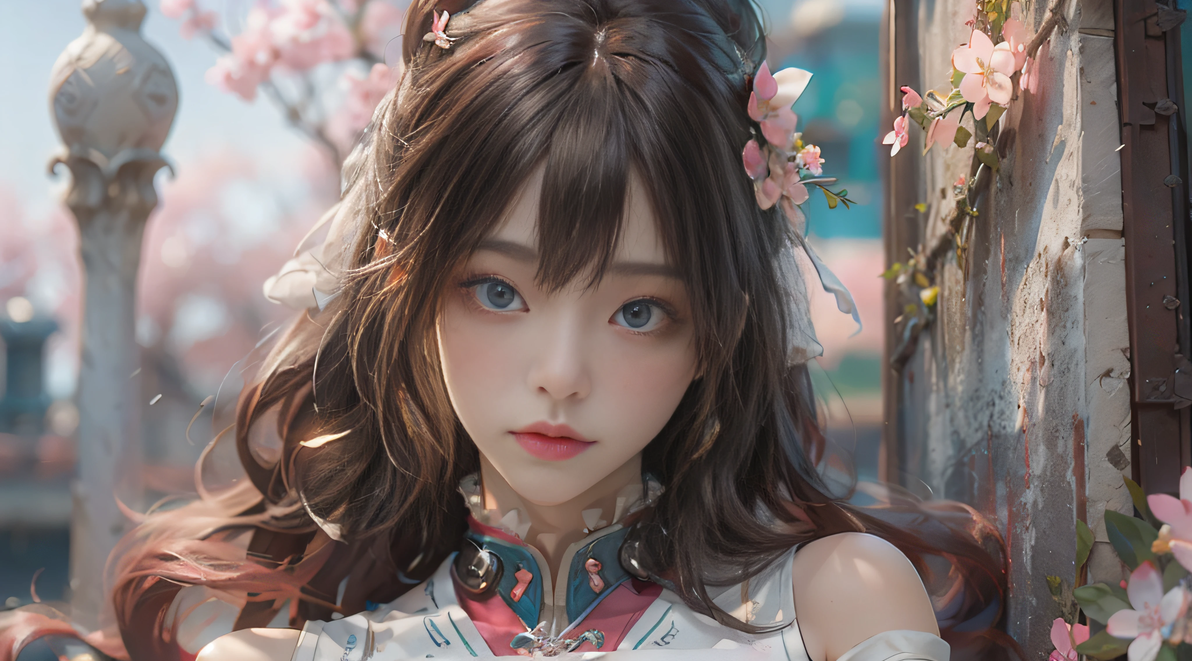 ((best qualtiy)), ((tmasterpiece)), (detail:1.4), Beautiful cyberpunk female images,hdr(HighDynamicRange),Ray traching,NVIDIA RTX,Hyper-Resolution,illusory 5,sub surface scattering,PBR textures,post-proces,Anisotropy Filtering,depth of fields,maximum definition and sharpness,Many-Layer Textures,Albedo e mapas Speculares,Surface coloring,Mitsu-Accurate simulation of material interactions,perfectly proportioned,rendering by octane,Two-colored light,largeaperture,Low ISO,White balance,Rule three points、8K raw data、Beautiful bright blue pupils,off-the-shoulder clothes,Fine pupils,Delicate face and eyes,long eyelasher,Blushlush,Delicate and fluffy hair,pink lip,Pure,Cute face,Sweet girl,Artistic sense,Casual wear,Advancedsense,butterflys,Cherry blossom petal,Beautiful hair accessories,Long hair and waist,Hair fluttering in the wind,Snow-white fox ears,curlies