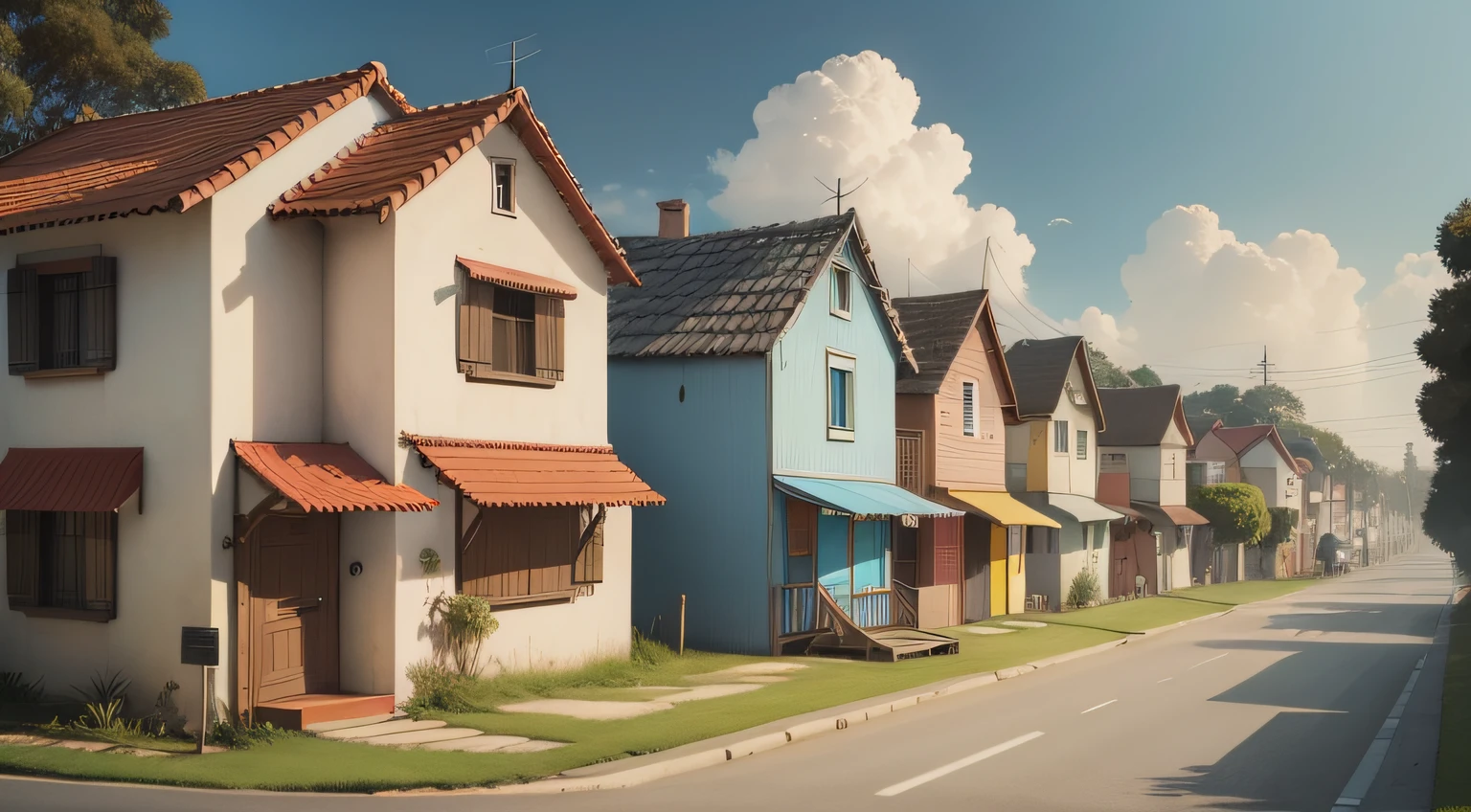 cidade estilo cartoon que tenhas casas simples e um casa principal que se destaque das outros, do lado da casa principal um casa conservadora, e do outro lado um casa toda acabada que parece mal cuidada