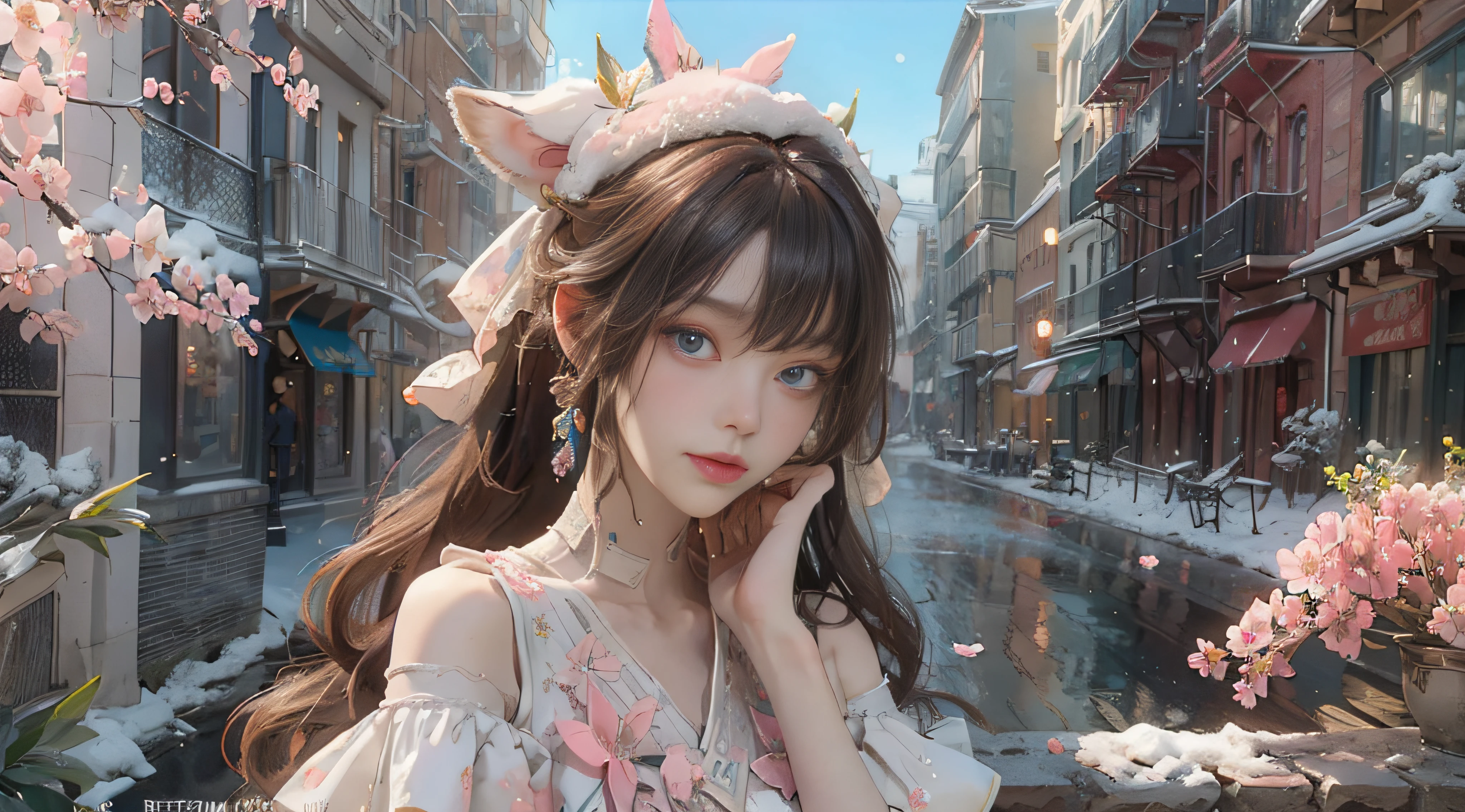 ((best qualtiy)), ((tmasterpiece)), (detail:1.4), Beautiful cyberpunk female images,hdr(HighDynamicRange),Ray traching,NVIDIA RTX,Hyper-Resolution,illusory 5,sub surface scattering,PBR textures,post-proces,Anisotropy Filtering,depth of fields,maximum definition and sharpness,Many-Layer Textures,Albedo e mapas Speculares,Surface coloring,Mitsu-Accurate simulation of material interactions,perfectly proportioned,rendering by octane,Two-colored light,largeaperture,Low ISO,White balance,Rule three points、8K raw data、Beautiful bright blue pupils,off-the-shoulder clothes,Fine pupils,Delicate face and eyes,long eyelasher,Blushlush,Delicate and fluffy hair,pink lip,Pure,Cute face,Sweet girl,Artistic sense,Casual wear,Advancedsense,butterflys,Cherry blossom petal,Beautiful hair accessories,Long hair and waist,Hair fluttering in the wind,Snow-white fox ears,curlies