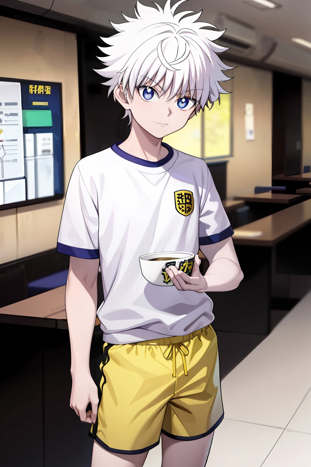 killua_zoldyck,
Quality: highres, top quality, stunning art, detailed
Character details: 1boy, male focus, solo, wide-eyed, constricted pupils
Clothing 3: white shirt, gym uniform, gym shirt, short sleeves, gym yellow shorts
Situation:
Location: in cafe