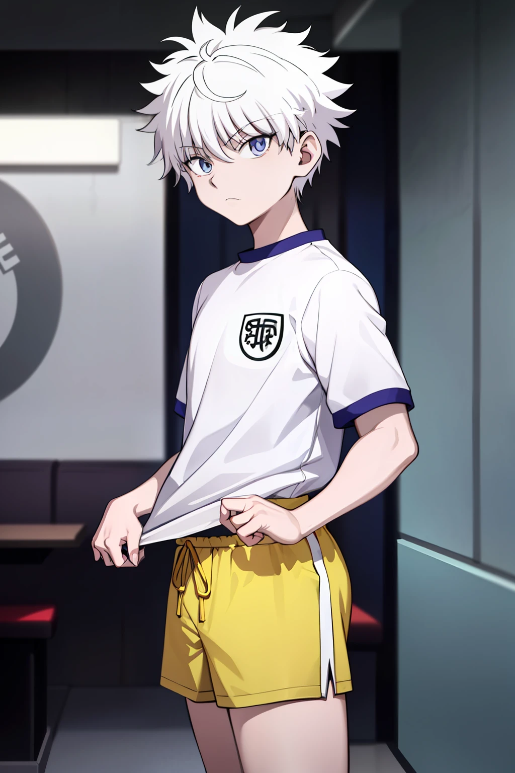 killua_zoldyck,
Quality: highres, top quality, stunning art, detailed
Character details: 1boy, male focus, solo, wide-eyed, constricted pupils
Clothing 3: white shirt, gym uniform, gym shirt, short sleeves, gym yellow shorts
Situation: 
Location: in cafe