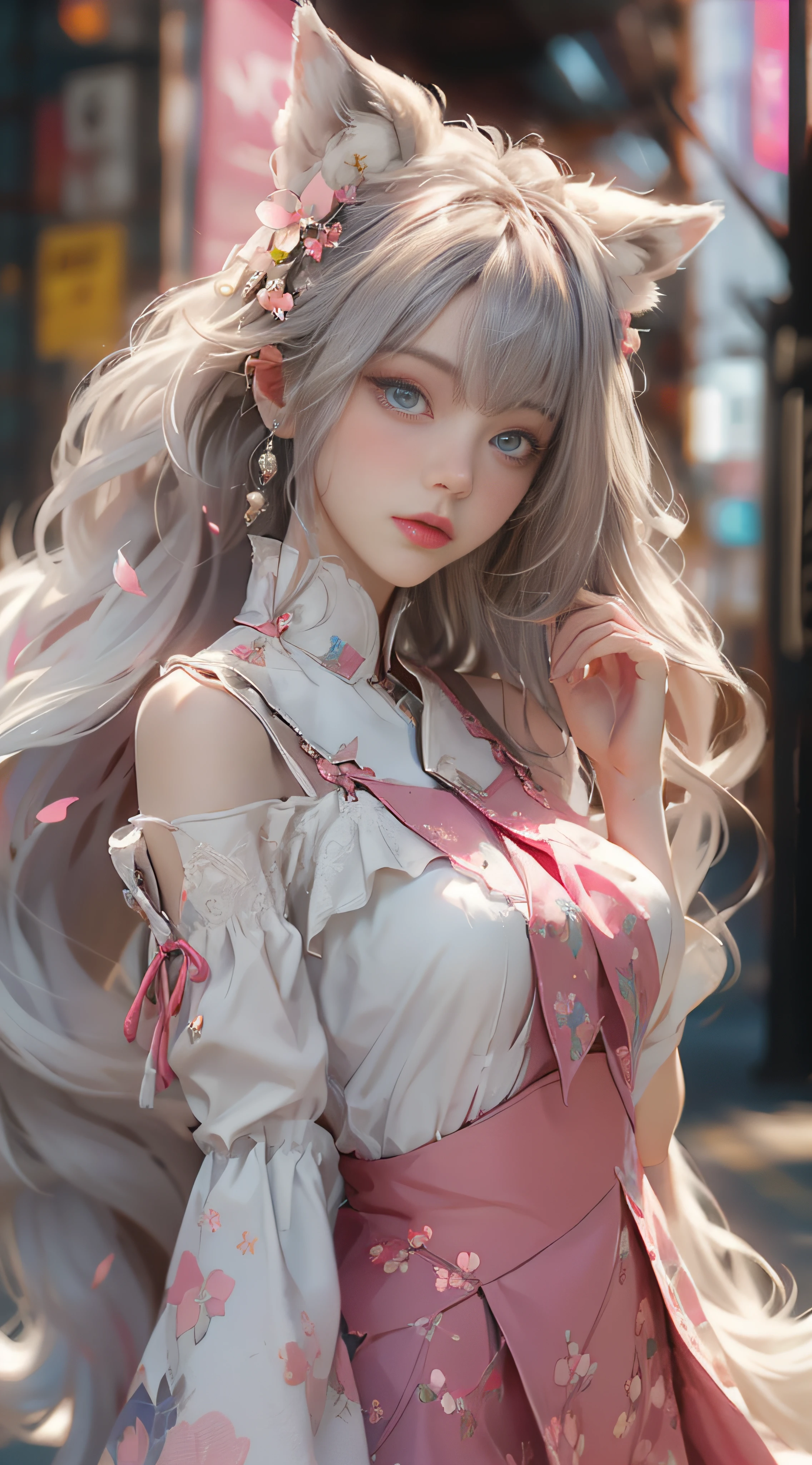 ((best qualtiy)), ((tmasterpiece)), (detail:1.4), Beautiful cyberpunk female images,hdr(HighDynamicRange),Ray traching,NVIDIA RTX,Hyper-Resolution,illusory 5,sub surface scattering,PBR textures,post-proces,Anisotropy Filtering,depth of fields,maximum definition and sharpness,Many-Layer Textures,Albedo e mapas Speculares,Surface coloring,Mitsu-Accurate simulation of material interactions,perfectly proportioned,rendering by octane,Two-colored light,largeaperture,Low ISO,White balance,Rule three points、8K raw data、Beautiful bright blue pupils,off-the-shoulder clothes,Fine pupils,Delicate face and eyes,long eyelasher,Blushlush,Delicate and fluffy hair,pink lip,Pure,Cute face,Sweet girl,Artistic sense,Casual wear,Advancedsense,butterflys,Cherry blossom petal,Beautiful hair accessories,Long hair and waist,Hair fluttering in the wind,Snow-white fox ears,curlies,Snow-white fluffy tail