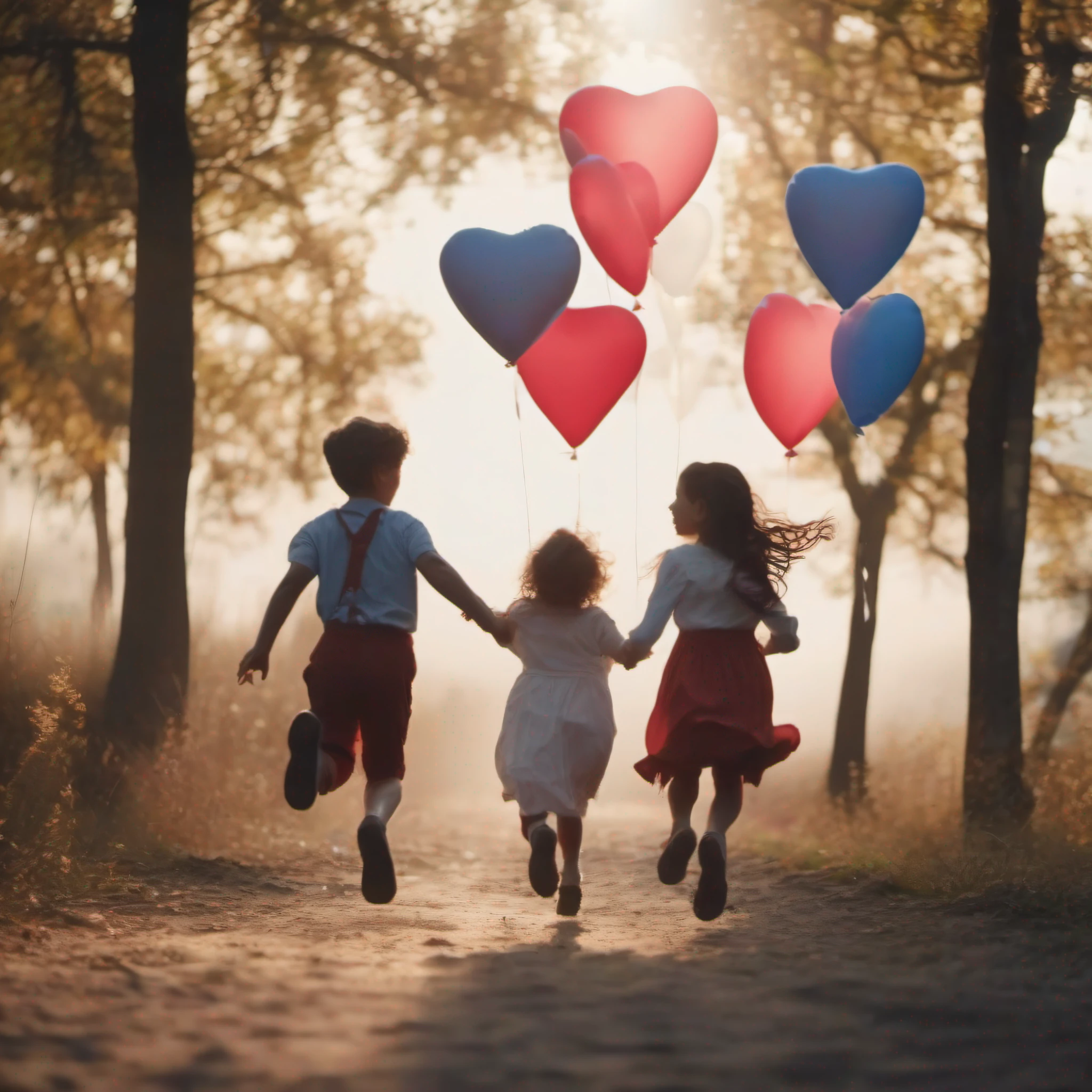 Children on their backs running with heart-shaped balloons