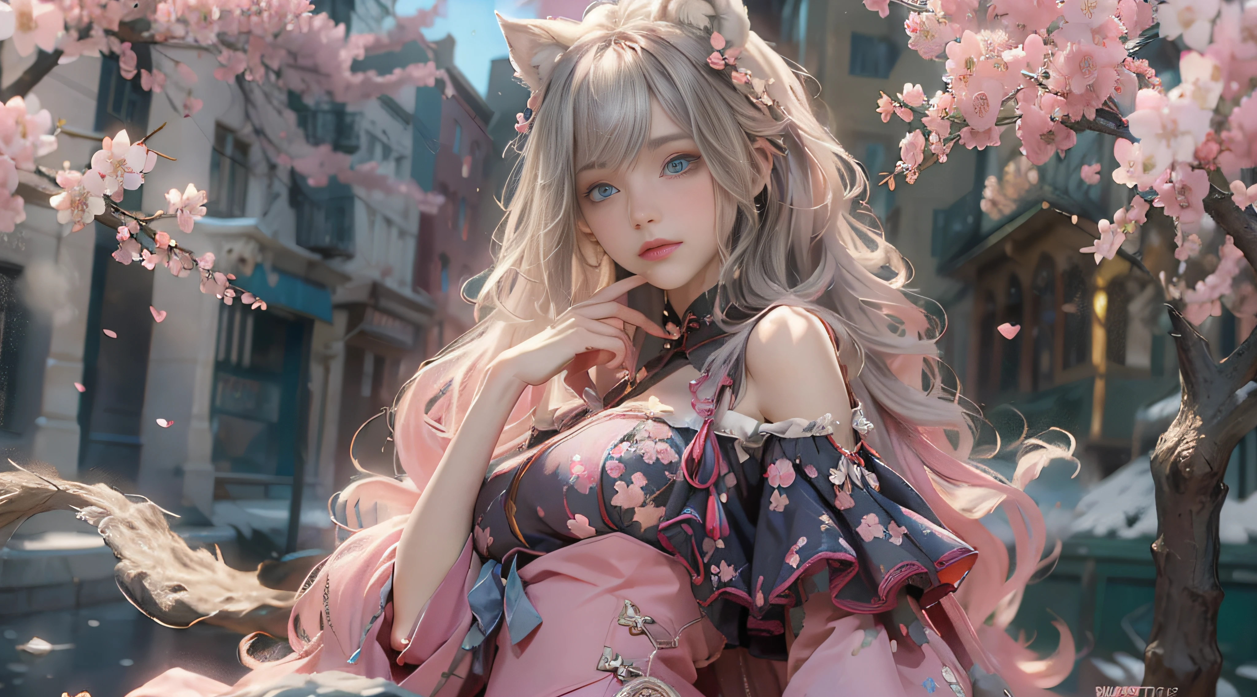 ((best qualtiy)), ((tmasterpiece)), (detail:1.4), Beautiful cyberpunk female images,hdr(HighDynamicRange),Ray traching,NVIDIA RTX,Hyper-Resolution,illusory 5,sub surface scattering,PBR textures,post-proces,Anisotropy Filtering,depth of fields,maximum definition and sharpness,Many-Layer Textures,Albedo e mapas Speculares,Surface coloring,Mitsu-Accurate simulation of material interactions,perfectly proportioned,rendering by octane,Two-colored light,largeaperture,Low ISO,White balance,Rule three points、8K raw data、Beautiful bright blue pupils,off-the-shoulder clothes,Fine pupils,Delicate face and eyes,long eyelasher,Blushlush,Delicate and fluffy hair,pink lip,Pure,Cute face,Sweet girl,Artistic sense,Casual wear,Advancedsense,butterflys,Cherry blossom petal,Beautiful hair accessories,Long hair and waist,Hair fluttering in the wind,Snow-white fox ears,curlies