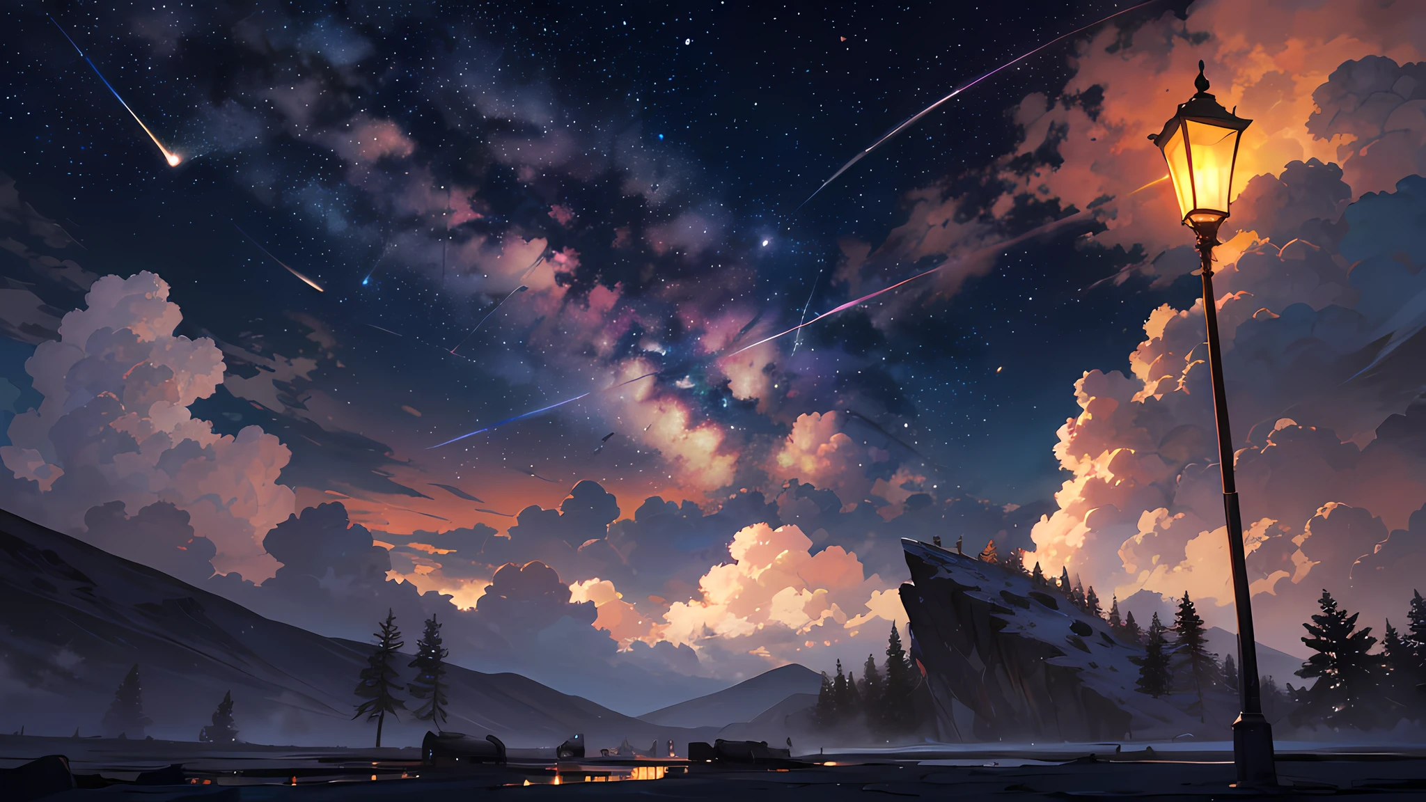 Expansive landscape photograph,(moon full:1.2),(meteors:0.9),(Starcloud:1.3),(Warm light source:1.2),(glowworm:1.2),lamp lights,Lots of purple and orange,Complicated details,Volumetriclighting,Realism BREAK(tmasterpiece:1.2),(best qualtiy),8K,Ultra-detailed,(dynamic compositions:1.4),The is very detailed,Colorful details,(Irridescent color:1.2),(luminouslighting,Atmospheric lighting),dream magical,magical,(独奏:1.2),((best qualtiy)), ((tmasterpiece)), (the detail:1.4),depth of fields,maximum definition and sharpness,perfectly proportions,Fluttering clouds,Wallpapers