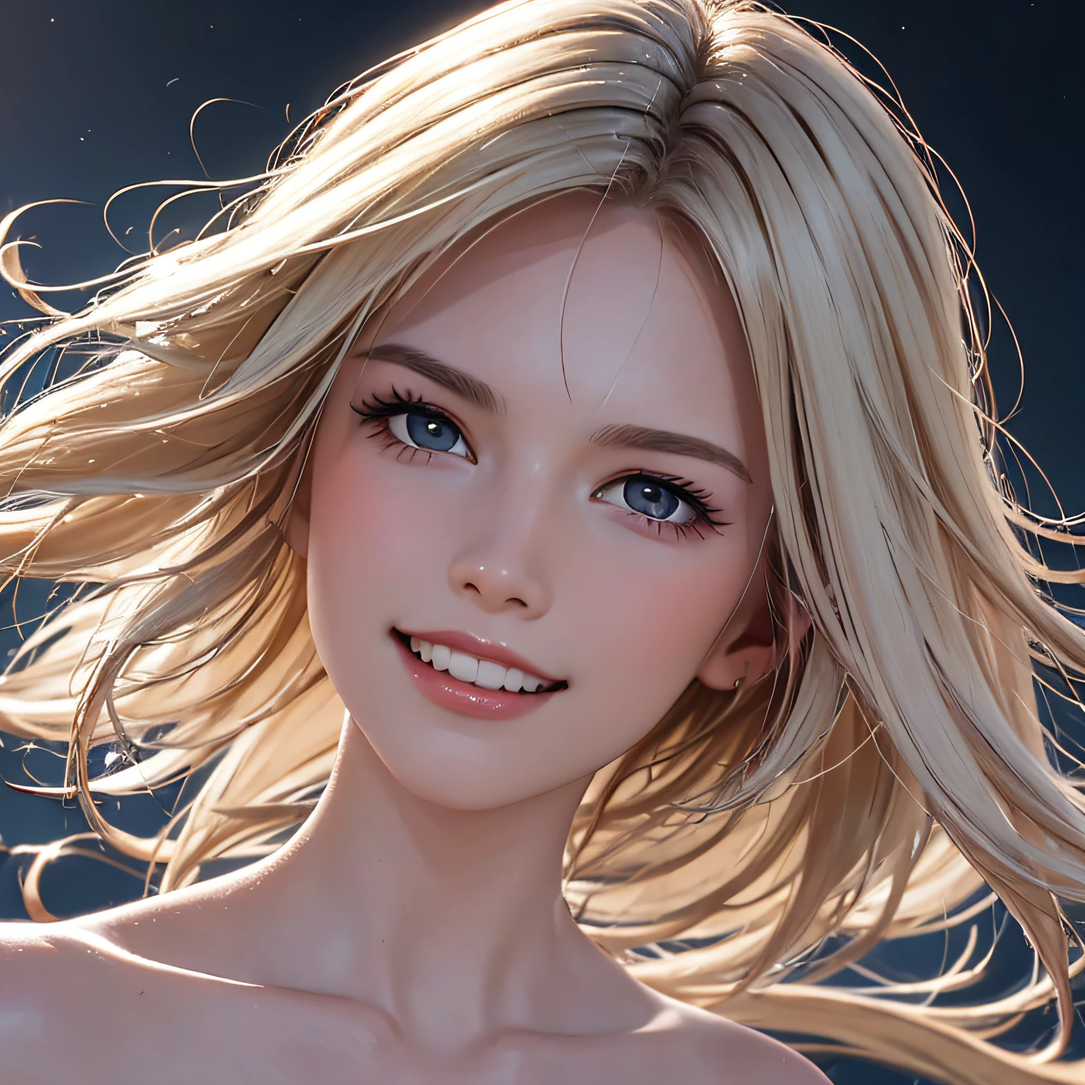 (8K, RAW Photos, of the highest quality, Masterpieces: 1.2), (Realistic, Photorealistic: 1.37), Highest Quality, Ultra High Resolution, light  leaks, Dynamic lighting, Slim and smooth skin, (Full body:1.3), (Soft Saturation: 1.6), (Fair skin: 1.2), (Glossy skin: 1.1), Oiled skin, 22 years old, Night, shiny white blonde, Well-formed, Hair fluttering in the wind, Close-up shot of face only, Physically Based Rendering, From multiple angles, A big smile