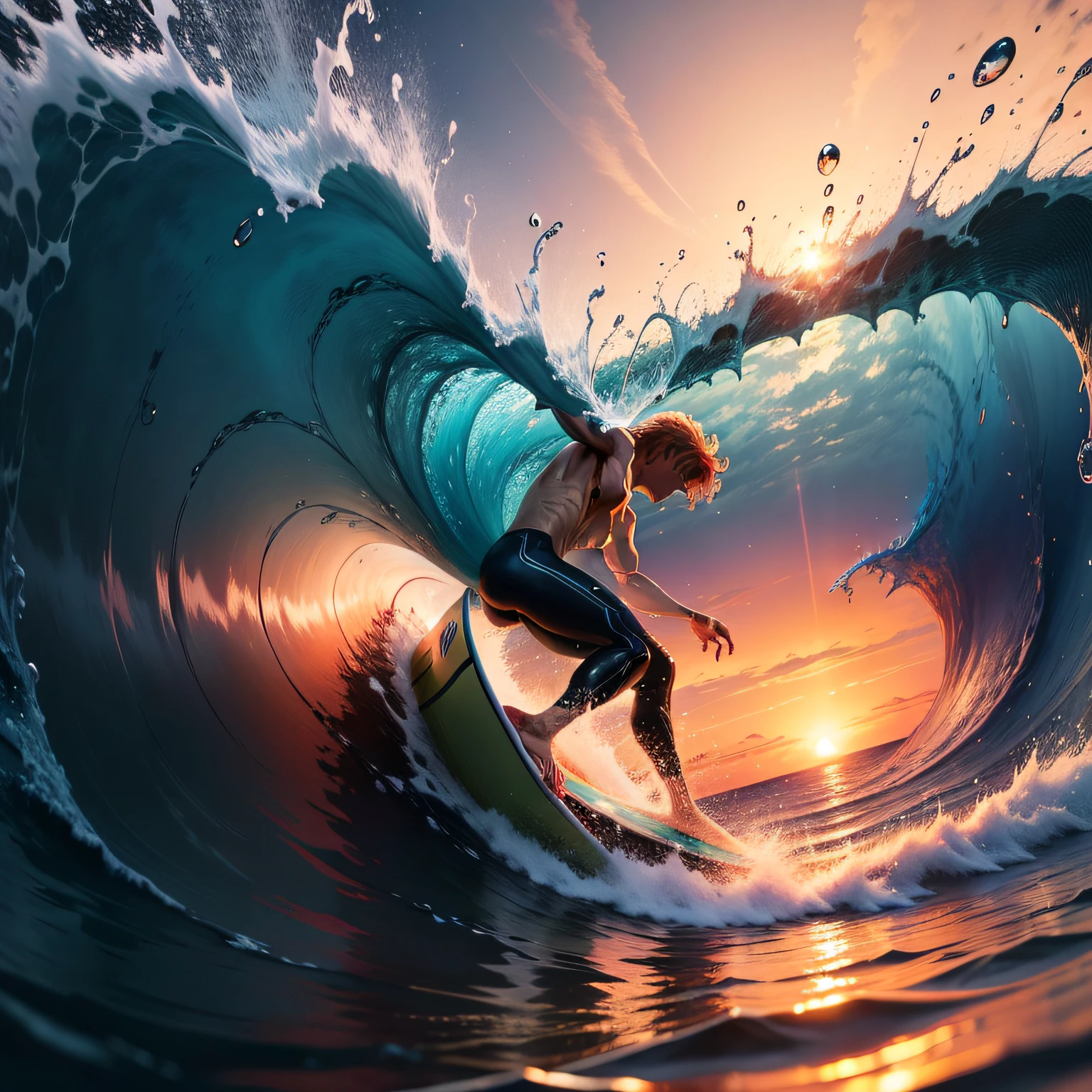 A breathtaking scene of the sunset reflecting on the water's surface as the surfer conquers a challenging wave in the middle of the tube, capturing the magical essence of surfing.