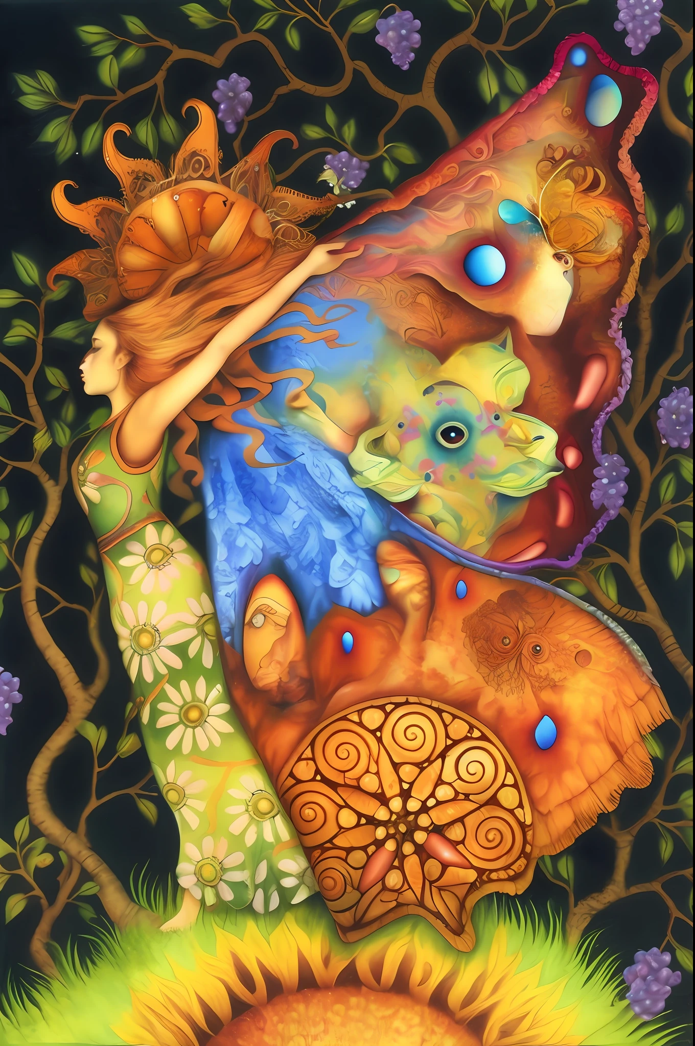 Painting of a woman holding a butterfly in her arms, inspirado em Josephine Wall, A Deusa Borboleta do Fogo, inspirado em Rebecca Guay, Directed by: Penny Patricia Poppycock, inspirado em James C. Christensen, enchanted with nature spirit, inspirado em Victor Nizovtsev, whimsical and psychedelic, psychedelic goddess, Inspirado por James Christensen, intricate organic painting, intrincada pintura de fantasia