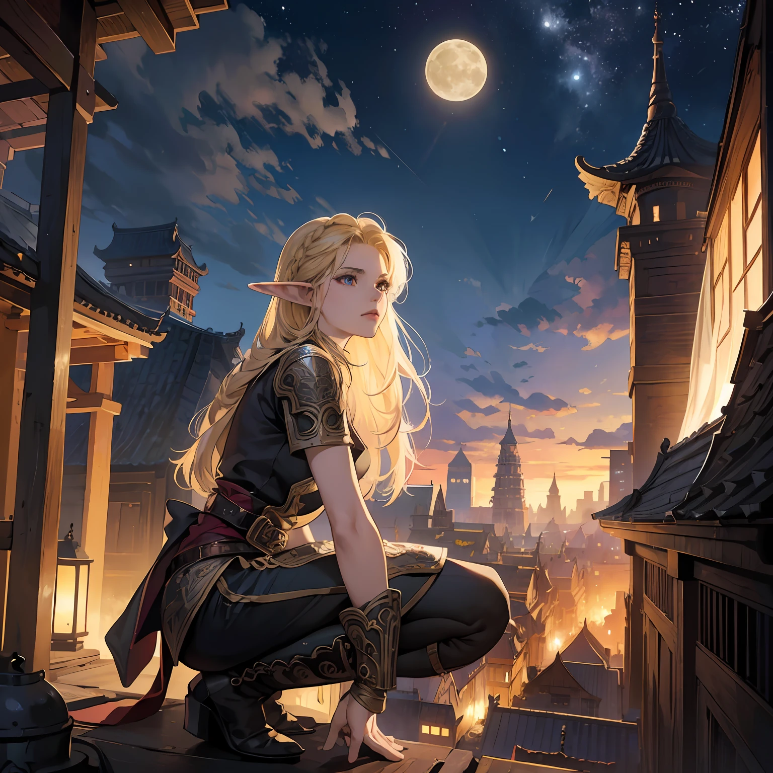 arafed, high details, best quality, 8k, [ultra detailed], masterpiece, best quality, (extremely detailed), dynamic angle, ultra wide shot, RAW, photorealistic, fantasy art, dnd art, rpg art, realistic art, a picture of an epic fantasy thief  crouching [on roof top](1.5 intricate details, Masterpiece, best quality) on top of a roof in urban fantasy city, ready for action, plenty of buildings, a temple in the background(1.5 intricate details, Masterpiece, best quality), elf woman, epic fantasy thief, [[anatomically correct]], blond hair, braided hair, fair skin, intense bright eyes, armed with dagger  (1.5 intricate details, Masterpiece, best quality), having thief tools kit,  dynamic position (1.5 intricate details, Masterpiece, best quality), small pointed ears, dark armor, full leather armor (1.4 intricate details, Masterpiece, best details), high boots, tense atmosphere, night, stars light, moon light, moon rays, stars, best details, best quality, highres, ultra wide angle