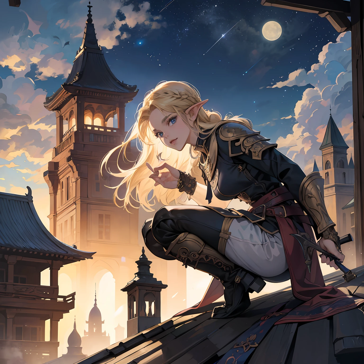 arafed, high details, best quality, 8k, [ultra detailed], masterpiece, best quality, (extremely detailed), dynamic angle, ultra wide shot, RAW, photorealistic, fantasy art, dnd art, rpg art, realistic art, a picture of an epic fantasy thief  crouching [on roof top](1.5 intricate details, Masterpiece, best quality) on top of a roof in urban fantasy city, ready for action, plenty of buildings, a temple in the background(1.5 intricate details, Masterpiece, best quality), elf woman, epic fantasy thief, [[anatomically correct]], blond hair, braided hair, fair skin, intense bright eyes, armed with dagger  (1.5 intricate details, Masterpiece, best quality), having thief tools kit,  dynamic position (1.5 intricate details, Masterpiece, best quality), small pointed ears, dark armor, full leather armor (1.4 intricate details, Masterpiece, best details), high boots, tense atmosphere, night, stars light, moon light, moon rays, stars, best details, best quality, highres, ultra wide angle