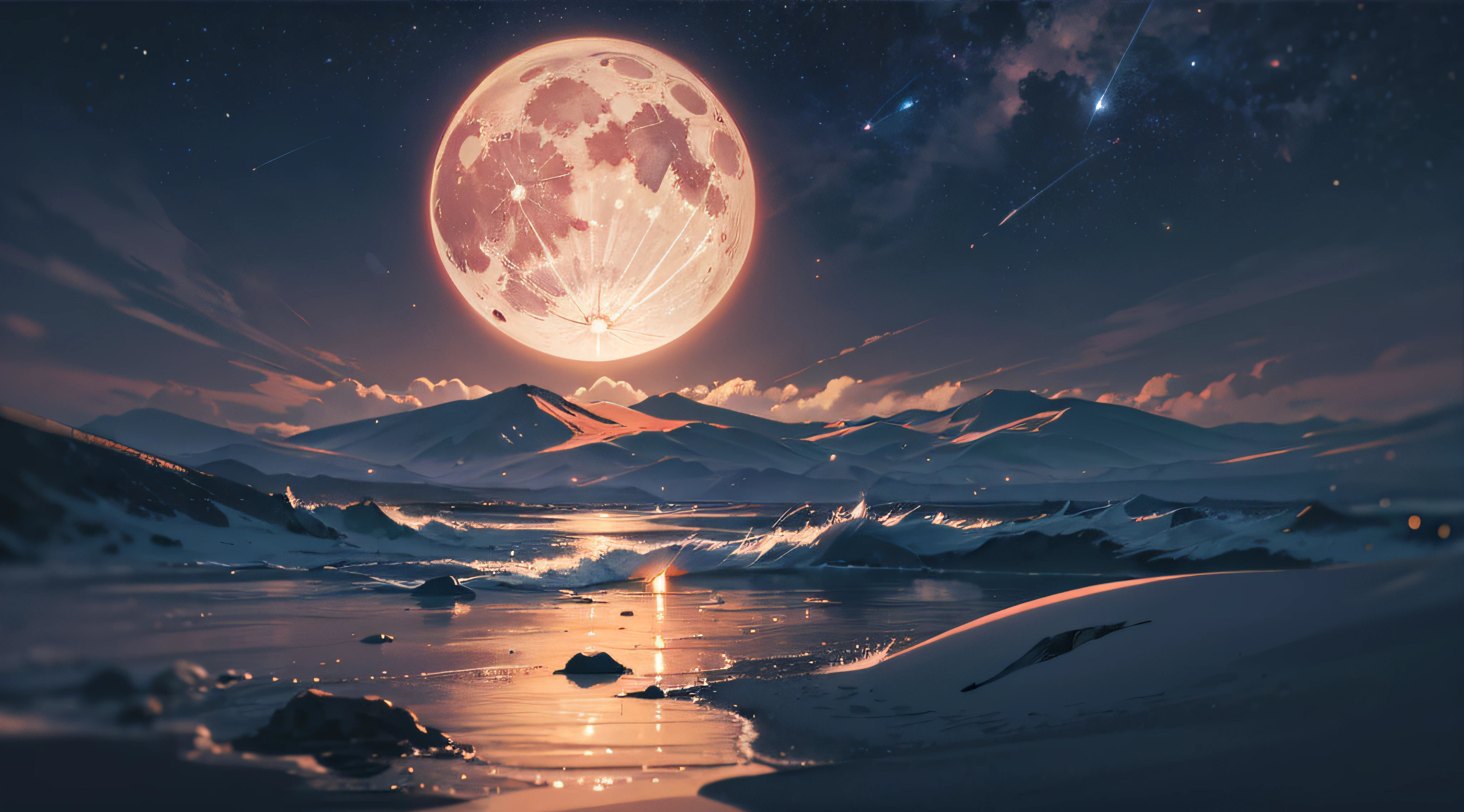 Expansive landscape photograph,(moon full:1.2),(meteors:0.9),(Starcloud:1.3),(Warm light source:1.2),(glowworm:1.2),lamp lights,Lots of purple and orange,Complicated details,Volumetriclighting,Realism BREAK(tmasterpiece:1.2),(best qualtiy),8K,Ultra-detailed,(dynamic compositions:1.4),The is very detailed,Colorful details,(Irridescent color:1.2),(luminouslighting,Atmospheric lighting),dream magical,magical,(独奏:1.2),((best qualtiy)), ((tmasterpiece)), (the detail:1.4),depth of fields,maximum definition and sharpness,perfectly proportions,Fluttering clouds,Wallpapers