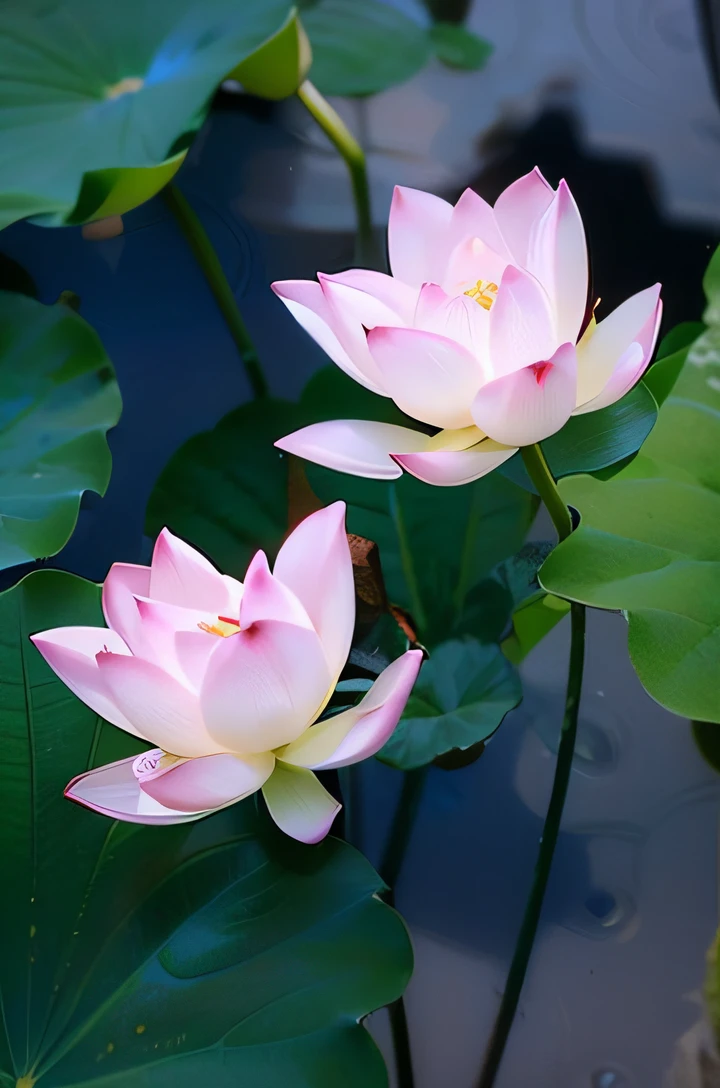 Lotus flowers blooming in a leafy pond, lotuses, lotus petals, Lotus, lotuses, lotus flower, Pink Lotus Queen, Lotus pond, lotus flowers on the water, with lotus flowers, sitting on a lotus flower, standing gracefully upon a lotus, waterlily mecha nymphaea, Beautiful image, water lilies, water lilies