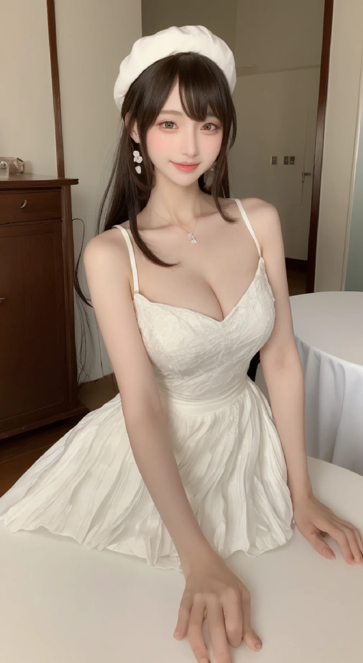 Anime character sitting around table in white tablecloth, For luxurious tablecloths, isekai manga panel, cutscene, robed figures sat around a table, Isekai, tablecloth, Princess at the royal banquet, sitting on table, umineko, top-quality、masterpiece、超A high resolution, There is a manager woman wearing a baseball cap, poneyTail、baseball field, K-pop idols、Two Women、Shoulder to shoulder、A smile、Open lips、an lingerie, Perfect figure beautiful woman:1.4,Layered Hair Style,Protruding cleavage:1.2,Two-dimensional clothing:1.5,Highly detailed face and skin textures,二重まぶた,Whiten skin,Long whit hair