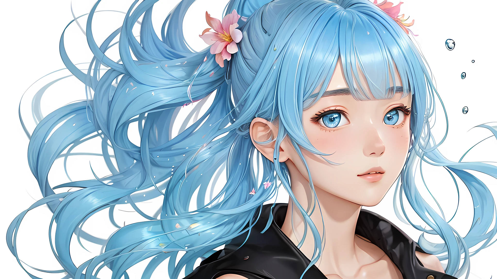(masterpiece), (best quality), (ultra detailed),(disheveled hair),(illustration), (1girl), (Fashionable clothing), standing, Fashion model, looking at viewer, (interview), (simple background),beautiful detailed eyes, delicate beautiful face, Floating,(high saturation),(colorful splashes),colorful bubble,(shining), focus on face, ponytail, kamisato ayaka, light blue hair, bangs, hair ring, floating flowers, floating hairs, (shining), best lighting, best shadow,
