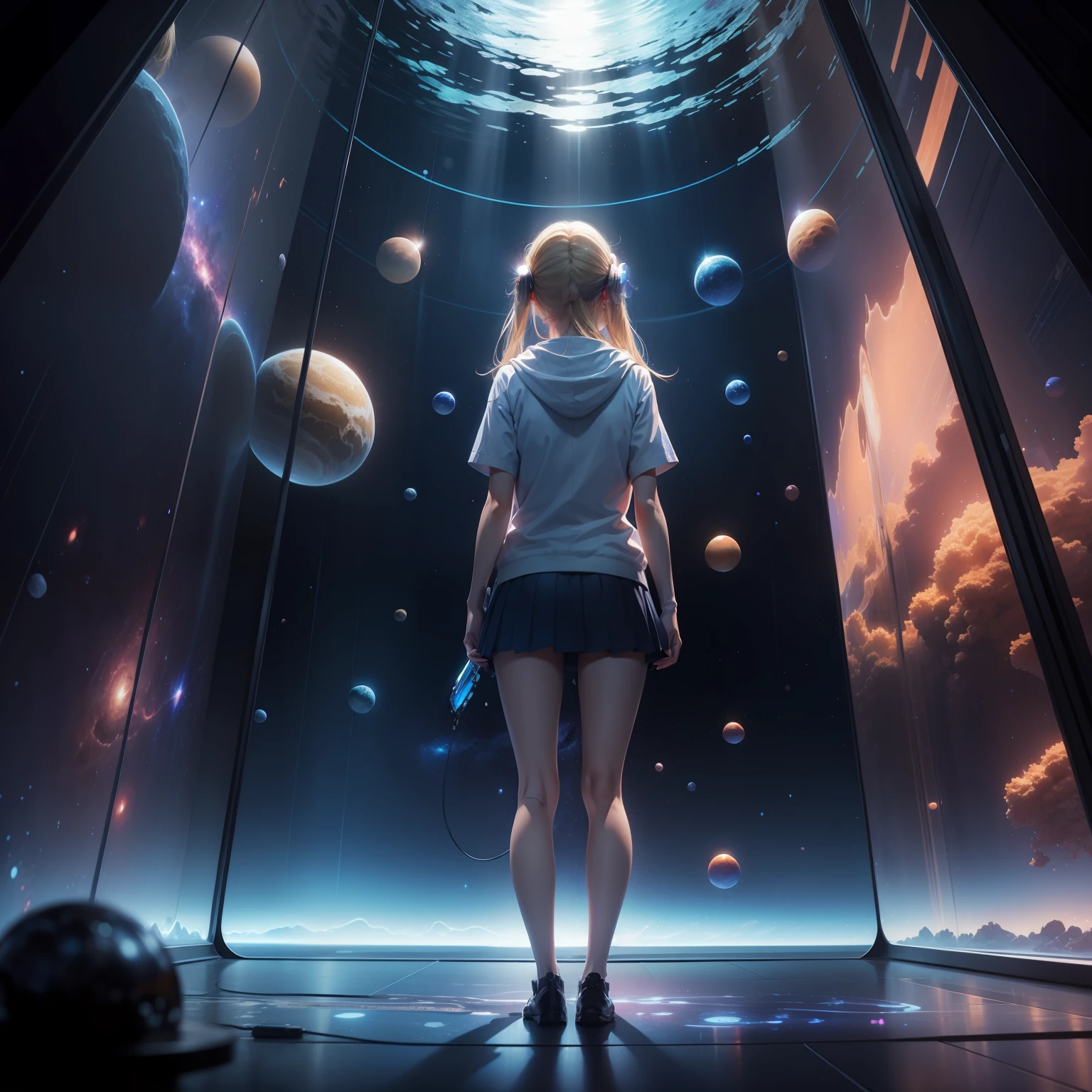 Blonde haired anime girl standing alone by herself in an aquarium of blue stars, nebulas, planets, and galaxies