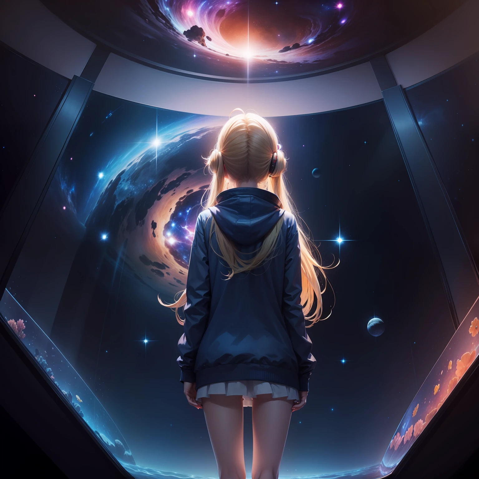 Blonde haired anime girl standing alone by herself in an aquarium of blue stars, nebulas, planets, and galaxies
