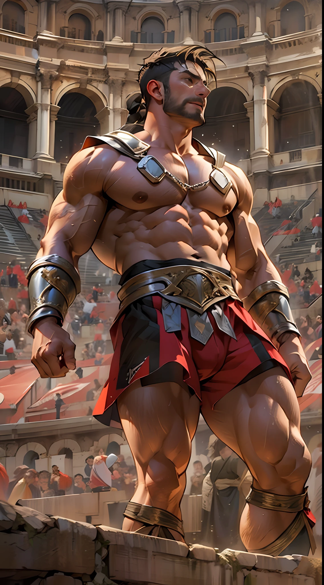 Mighty gladiator, upper torso exposed, legs unclothed from thighs to feet, flowing long curls, detailed muscular physique, lifelike depiction, 4K resolution. Background: Roman colosseum filled with cheering crowd.,32k uhd, best quality, masterpiece, super detail, high details