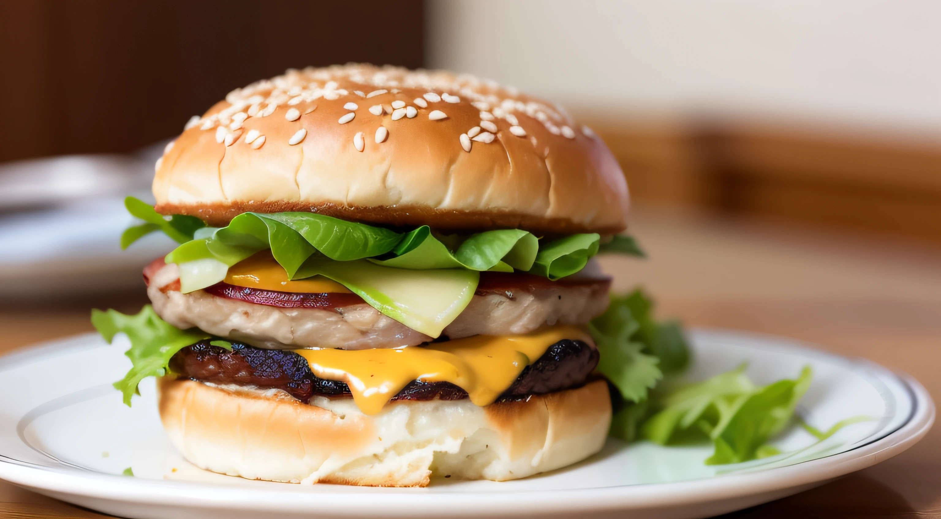 a delicious hamburger with chicken and yellow cheese