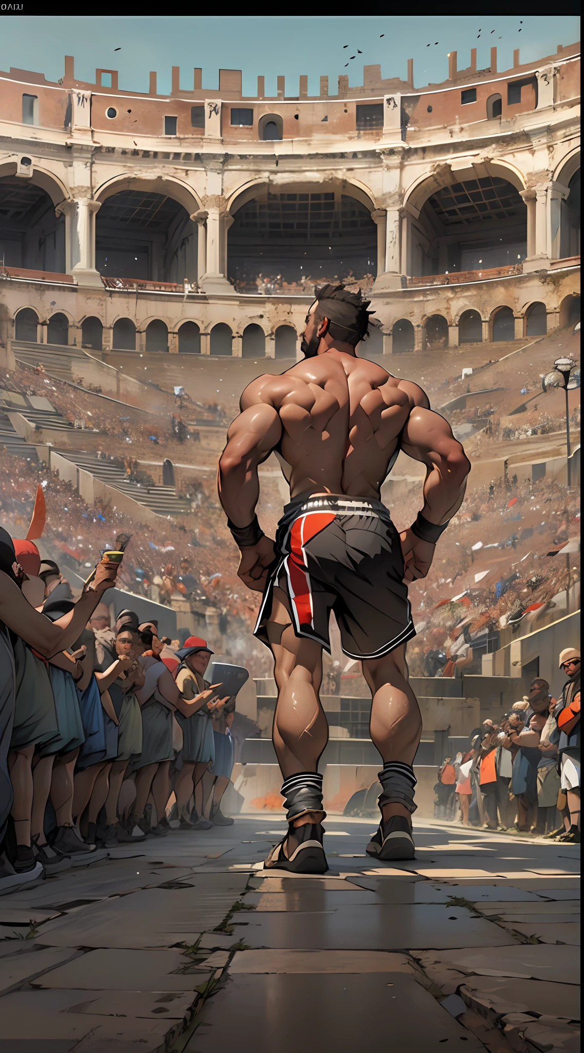 Mighty gladiator, upper torso exposed, legs unclothed from thighs to feet, flowing long curls, detailed muscular physique, lifelike depiction, 4K resolution. Background: Roman colosseum filled with cheering crowd.,32k uhd, best quality, masterpiece, super detail, high details