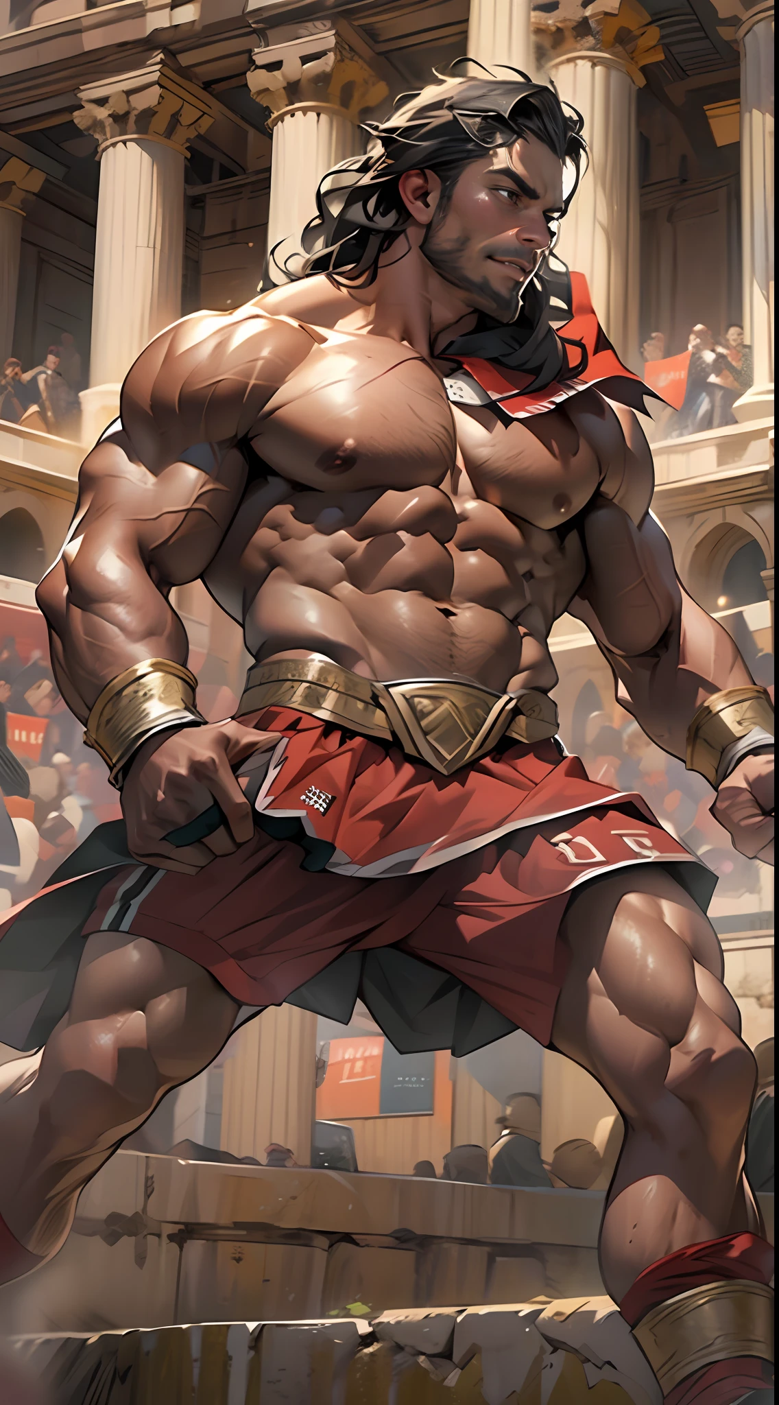 Mighty gladiator, upper torso exposed, legs unclothed from thighs to feet, flowing long curls, detailed muscular physique, lifelike depiction, 4K resolution. Background: Roman colosseum filled with cheering crowd.,32k uhd, best quality, masterpiece, super detail, high details