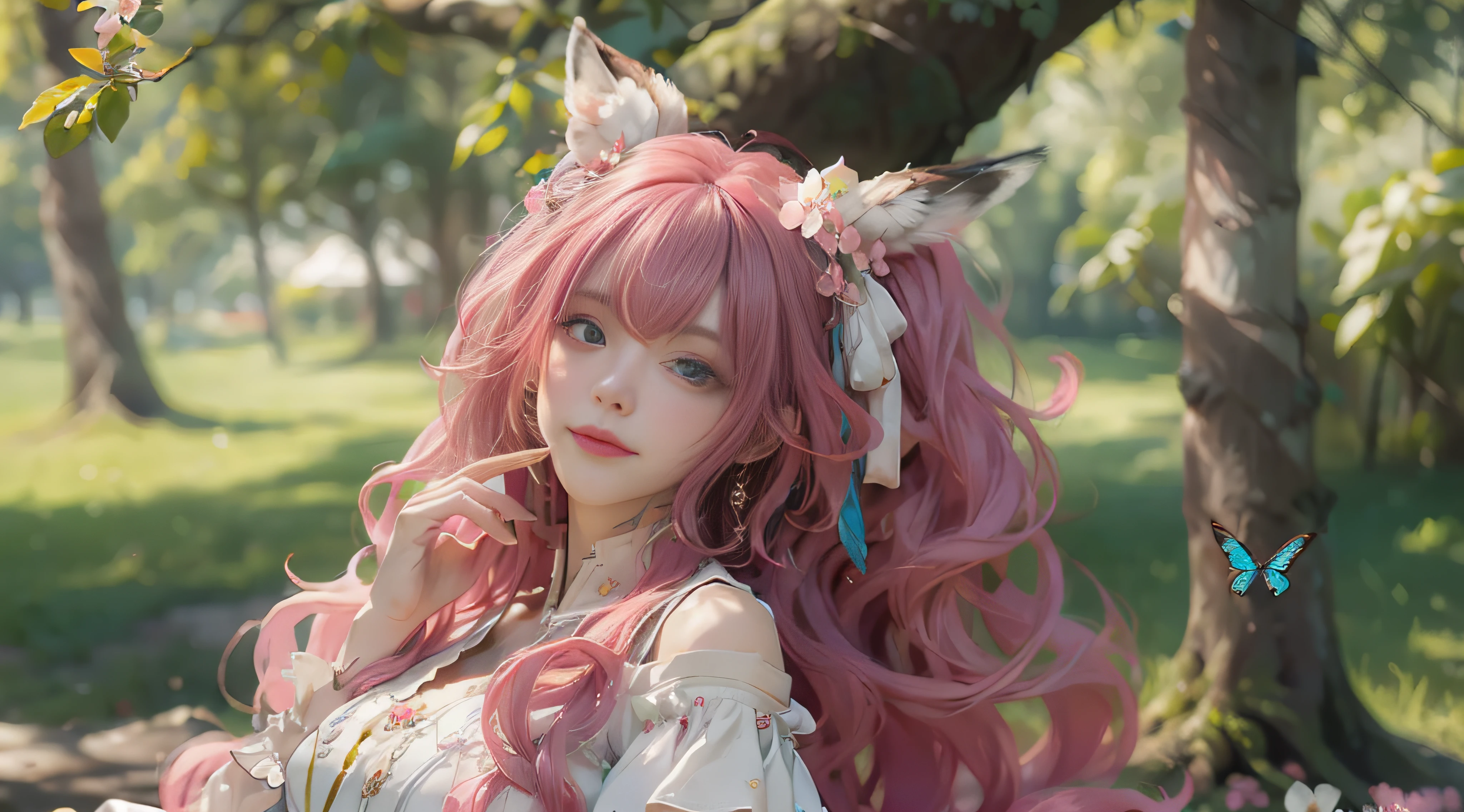 ((best qualtiy)), ((tmasterpiece)), (detail:1.4), Beautiful cyberpunk female images,hdr(HighDynamicRange),Ray traching,NVIDIA RTX,Hyper-Resolution,illusory 5,sub surface scattering,PBR textures,post-proces,Anisotropy Filtering,depth of fields,maximum definition and sharpness,Many-Layer Textures,Albedo e mapas Speculares,Surface coloring,Mitsu-Accurate simulation of material interactions,perfectly proportioned,rendering by octane,Two-colored light,largeaperture,Low ISO,White balance,Rule three points、8K raw data、Beautiful bright blue pupils,off-the-shoulder clothes,Fine pupils,Delicate face and eyes,long eyelasher,Blushlush,Delicate and fluffy hair,pink lip,Pure,Cute face,Sweet girl,Artistic sense,Casual wear,Advancedsense,butterflys,Cherry blossom petal,Beautiful hair accessories,Long hair and waist,Hair fluttering in the wind,Snow-white fox ears,curlies