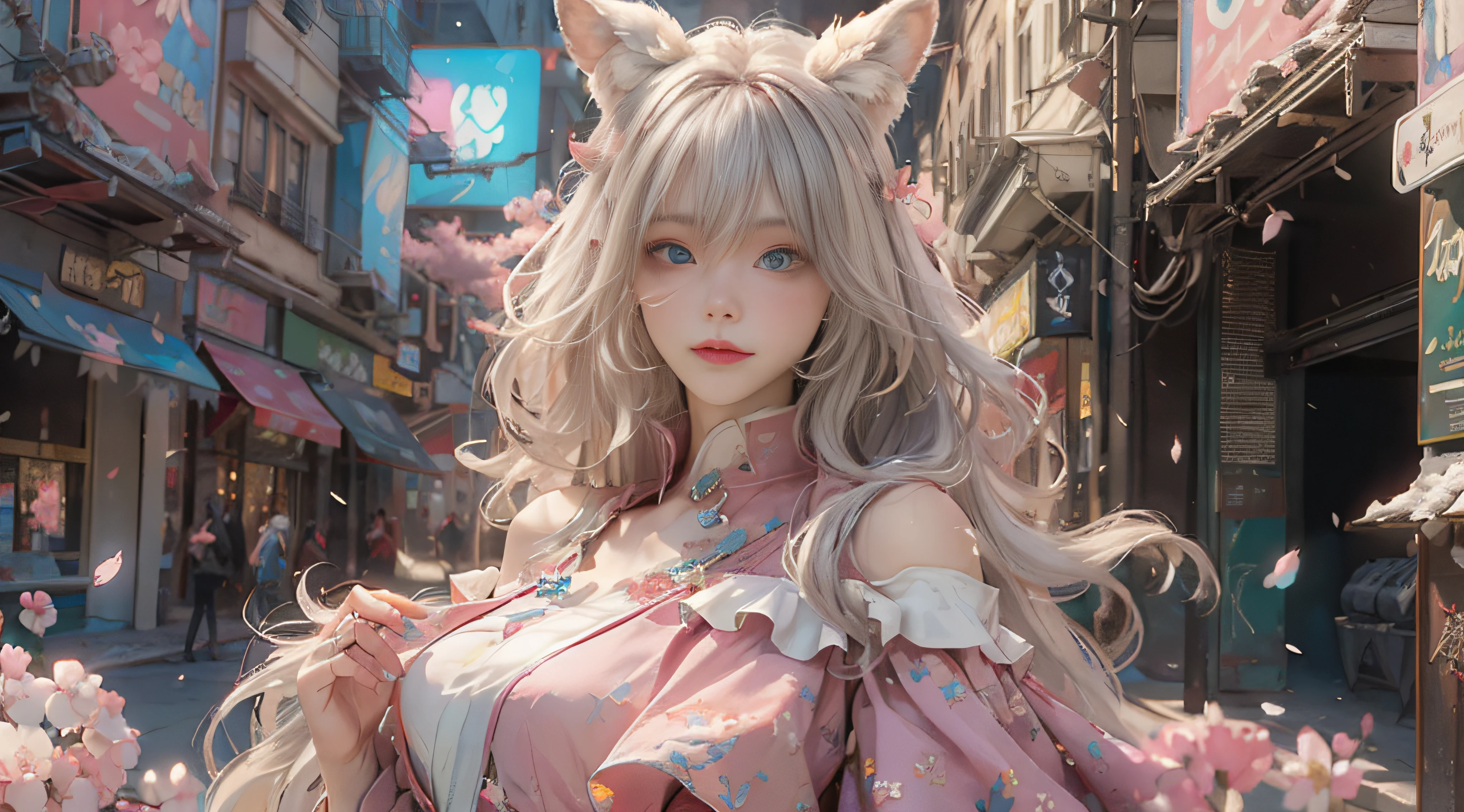 ((best qualtiy)), ((tmasterpiece)), (detail:1.4), Beautiful cyberpunk female images,hdr(HighDynamicRange),Ray traching,NVIDIA RTX,Hyper-Resolution,illusory 5,sub surface scattering,PBR textures,post-proces,Anisotropy Filtering,depth of fields,maximum definition and sharpness,Many-Layer Textures,Albedo e mapas Speculares,Surface coloring,Mitsu-Accurate simulation of material interactions,perfectly proportioned,rendering by octane,Two-colored light,largeaperture,Low ISO,White balance,Rule three points、8K raw data、Beautiful bright blue pupils,off-the-shoulder clothes,Fine pupils,Delicate face and eyes,long eyelasher,Blushlush,Delicate and fluffy hair,pink lip,Pure,Cute face,Sweet girl,Artistic sense,Casual wear,Advancedsense,butterflys,Cherry blossom petal,Beautiful hair accessories,Long hair and waist,Hair fluttering in the wind,Snow-white fox ears,curlies
