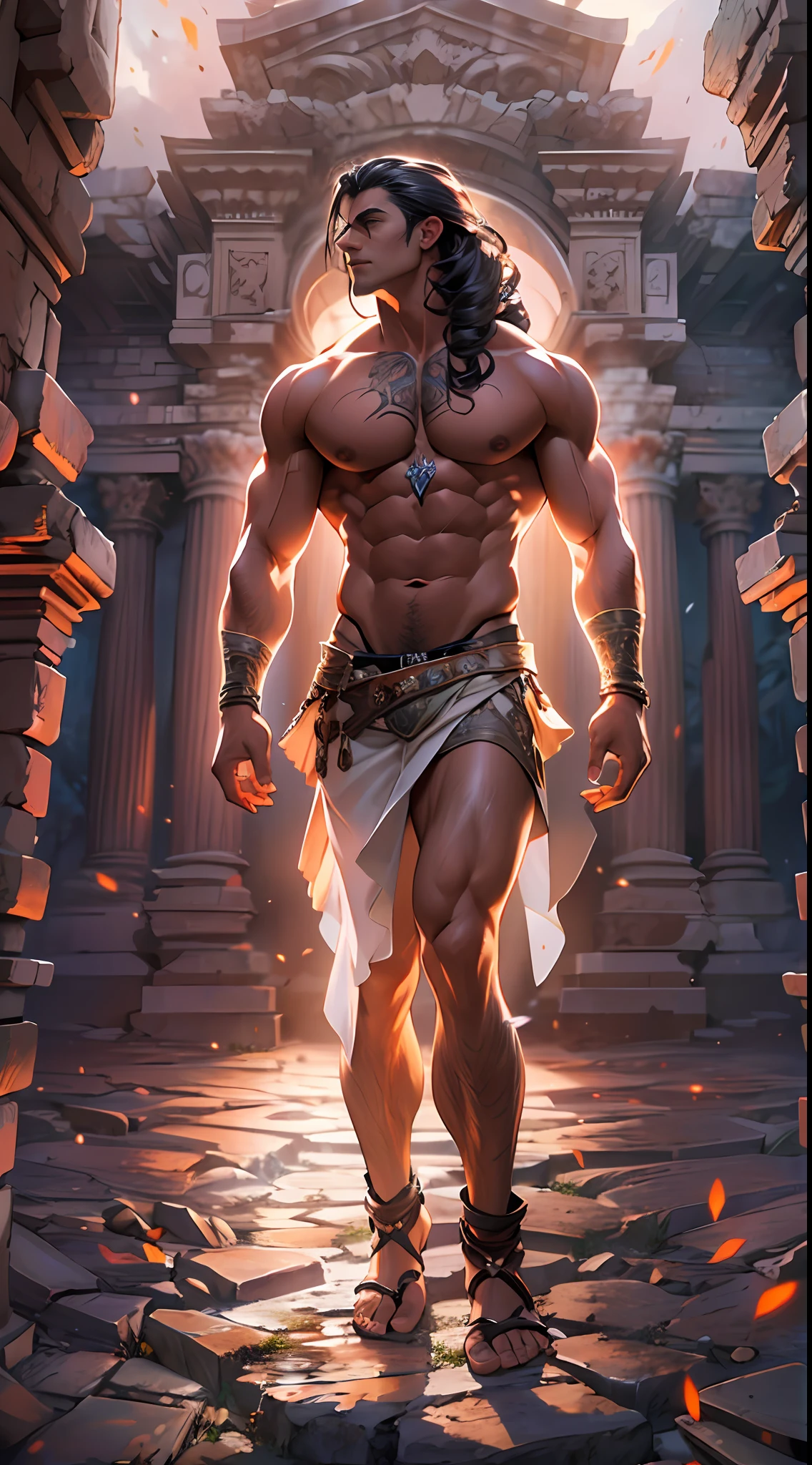 Ripped hero, shirtless upper body, legs revealed from thighs to feet, cascading long curls, intricate muscular details, photorealistic artwork, 4K resolution. Background: Mystic ancient ruins with glowing symbols,32k uhd, best quality, masterpiece, super detail, high details