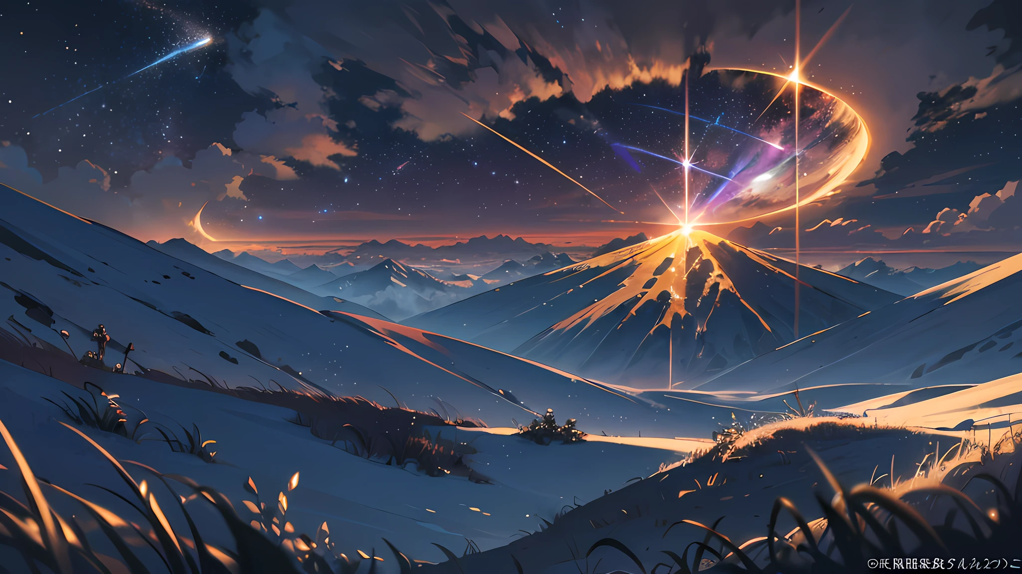 Expansive landscape photograph,(moon full:1.2),(meteors:0.9),(Starcloud:1.3),(Warm light source:1.2),(glowworm:1.2),lamp lights,Lots of purple and orange,Complicated details,Volumetriclighting,Realism BREAK(tmasterpiece:1.2),(best qualtiy),8K,Ultra-detailed,(dynamic compositions:1.4),The is very detailed,Colorful details,(Irridescent color:1.2),(luminouslighting,Atmospheric lighting),dream magical,magical,(独奏:1.2),((best qualtiy)), ((tmasterpiece)), (the detail:1.4),depth of fields,maximum definition and sharpness,perfectly proportions,Fluttering clouds,Wallpapers