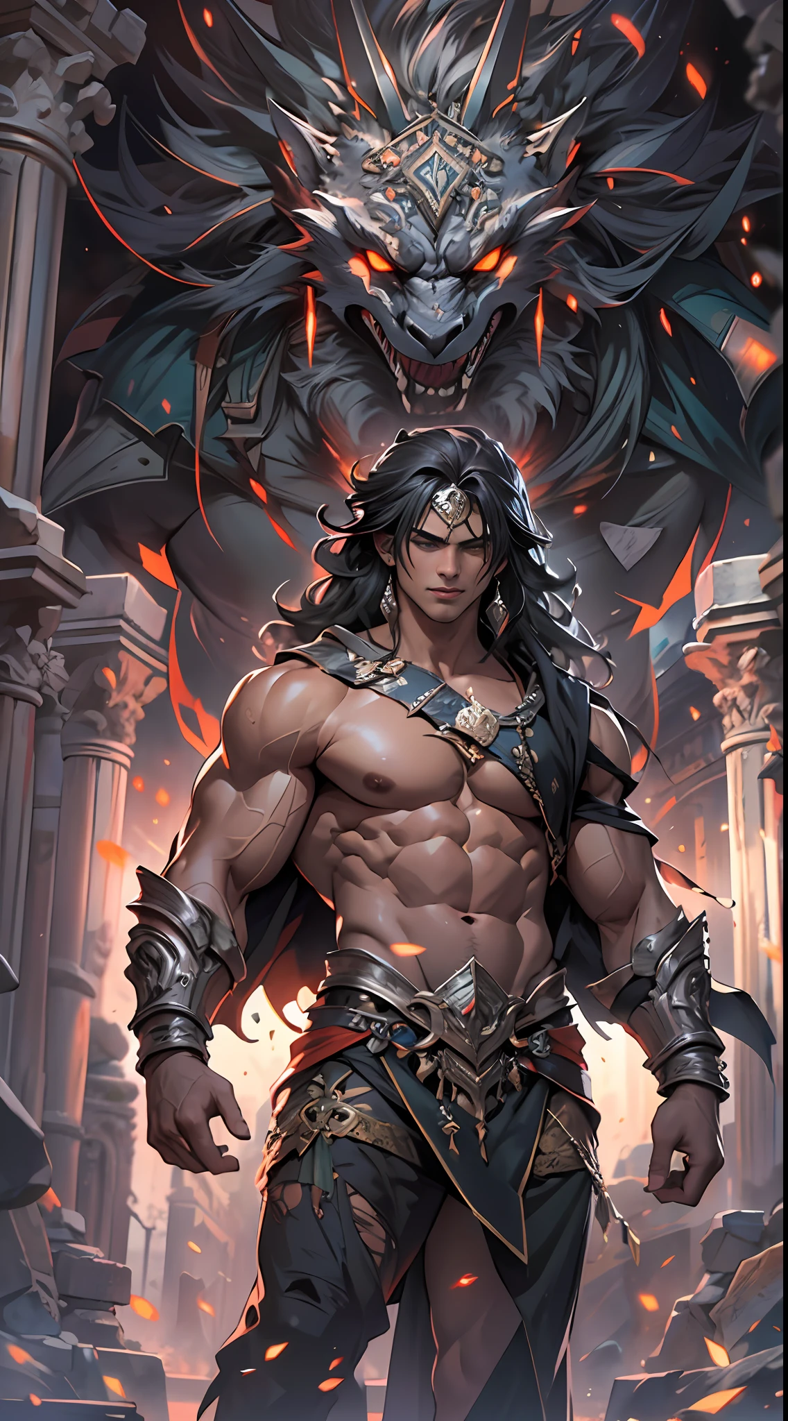 Ripped hero, shirtless upper body, legs revealed from thighs to feet, cascading long curls, intricate muscular details, photorealistic artwork, 4K resolution. Background: Mystic ancient ruins with glowing symbols,32k uhd, best quality, masterpiece, super detail, high details
