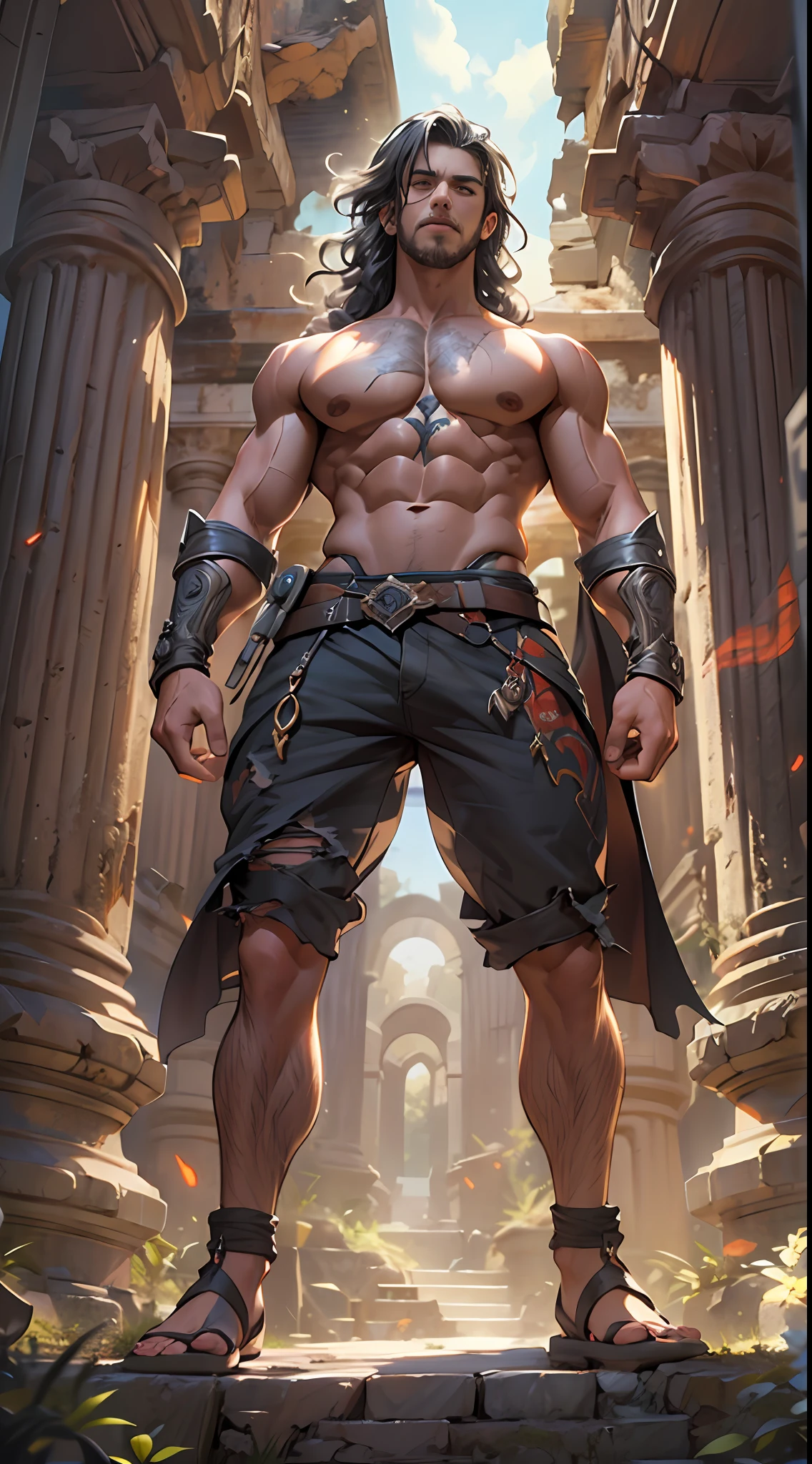 Ripped hero, shirtless upper body, legs revealed from thighs to feet, cascading long curls, intricate muscular details, photorealistic artwork, 4K resolution. Background: Mystic ancient ruins with glowing symbols,32k uhd, best quality, masterpiece, super detail, high details