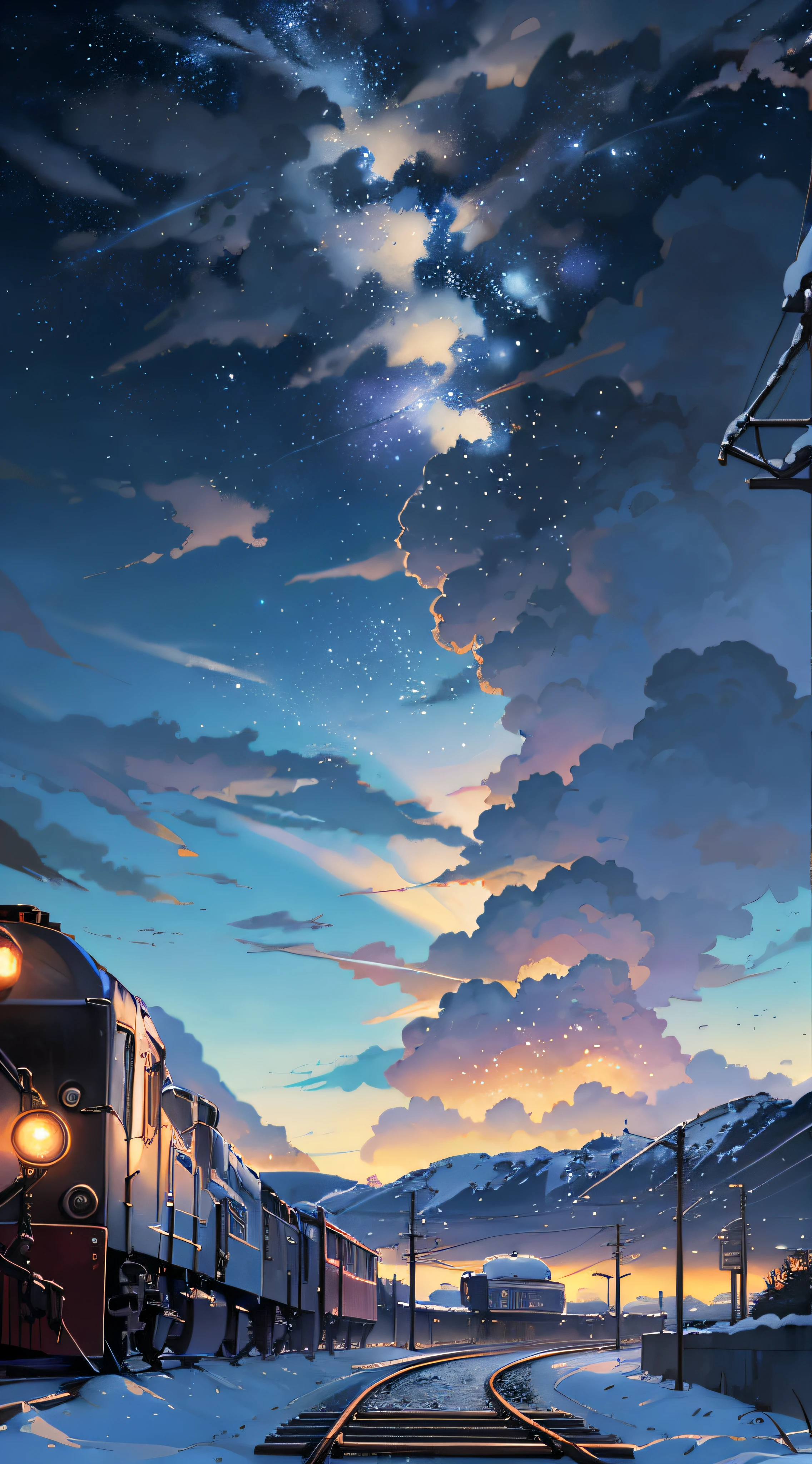 There is a train running along the tracks in the snow, Makoto Shinkai&#39;s concept art, tumblr, magic realism, beautiful anime scenes, cosmic sky. by makoto shinkai, ( ( makoto shinkai ) ), anime background art, anime backgrounds, Makoto Shinkai&#39;s style, anime movie backgrounds, galaxy express, no humans.