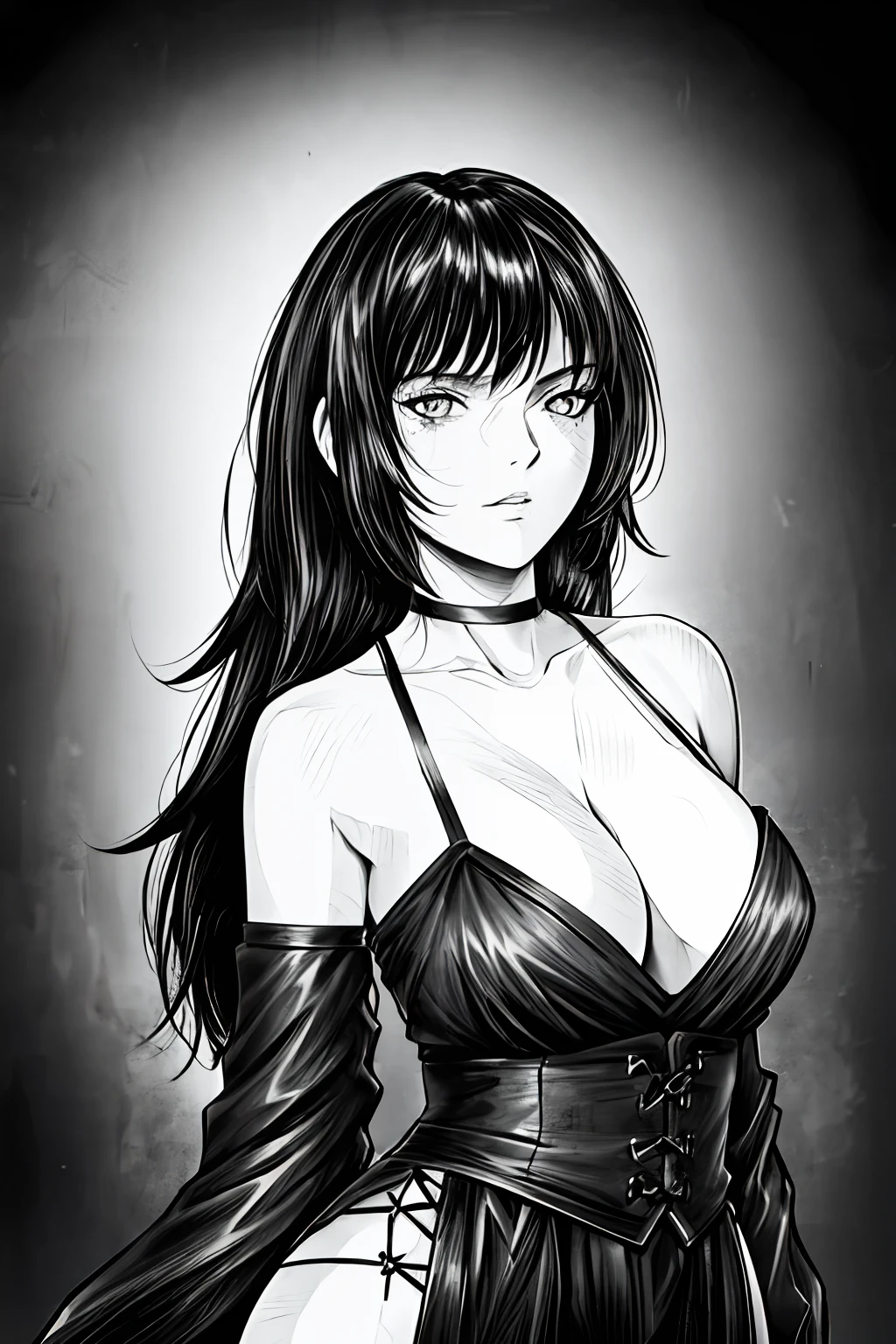 best quality, intricate details, ((lineart)), monochrome,

1girl, long hair, black hair, messy hair, sharp eyes, 

choker, Renaissance, cleavage, sexy pose, flirting with the camera 

castle background,