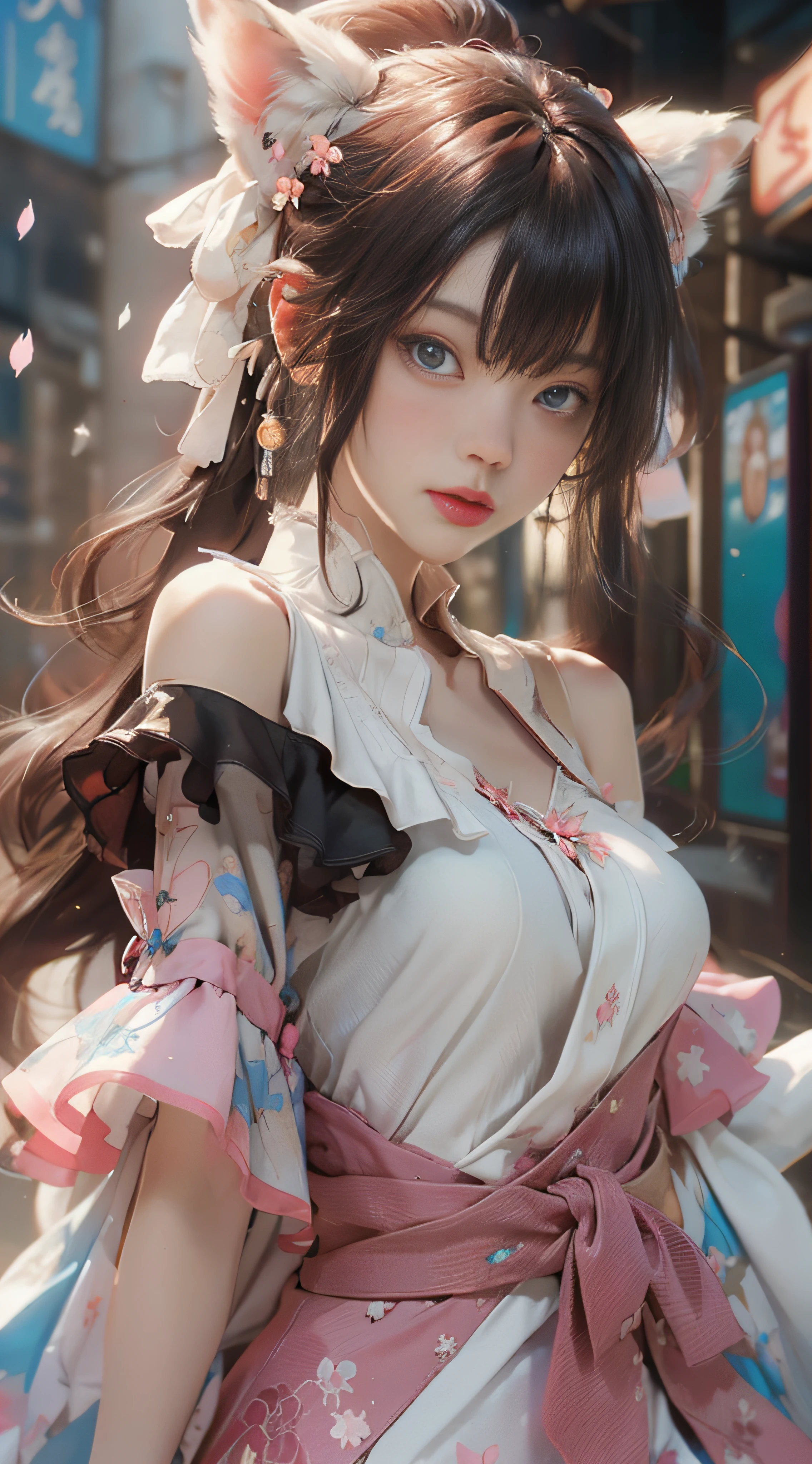 ((best qualtiy)), ((tmasterpiece)), (detail:1.4), Beautiful cyberpunk female images,hdr(HighDynamicRange),Ray traching,NVIDIA RTX,Hyper-Resolution,illusory 5,sub surface scattering,PBR textures,post-proces,Anisotropy Filtering,depth of fields,maximum definition and sharpness,Many-Layer Textures,Albedo e mapas Speculares,Surface coloring,Mitsu-Accurate simulation of material interactions,perfectly proportioned,rendering by octane,Two-colored light,largeaperture,Low ISO,White balance,Rule three points、8K raw data、Beautiful bright blue pupils,off-the-shoulder clothes,Fine pupils,Delicate face and eyes,long eyelasher,Blushlush,Delicate and fluffy hair,pink lip,Pure,Cute face,Sweet girl,Artistic sense,Casual wear,Advancedsense,butterflys,Cherry blossom petal,Beautiful hair accessories,Long hair and waist,Hair fluttering in the wind,Snow-white fox ears,curlies,Snow-white fluffy tail
