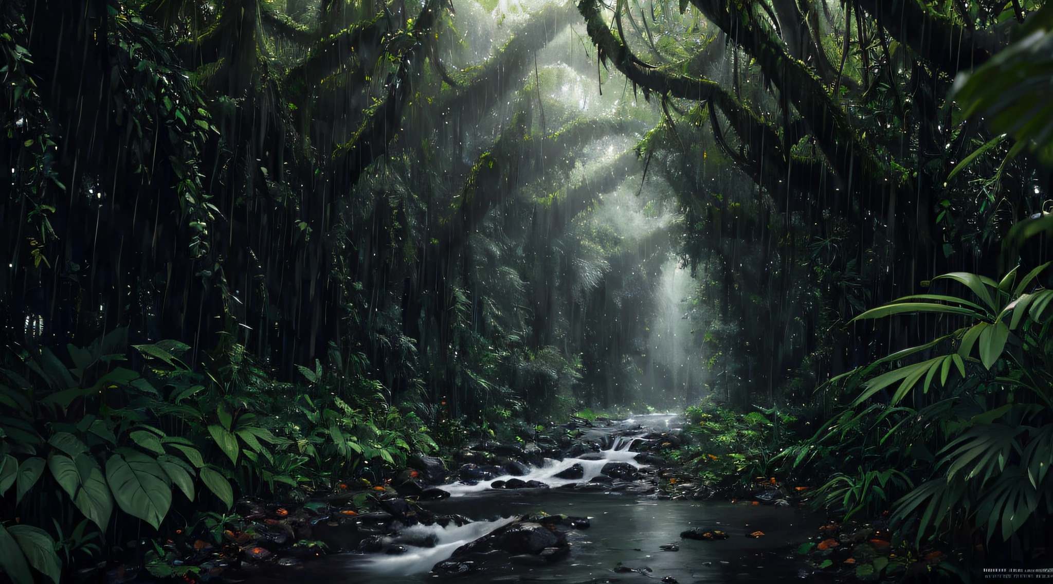 A jungle, with intense rainfall, monochromatic, vines all around, giant and wet trees, masterpiece, best quality, high quality, extremely detailed CG unity 8k wallpaper, oil paiting, award winning photography, Bokeh, Depth of Field, HDR, bloom, Chromatic Aberration ,Photorealistic,extremely detailed, trending on artstation, trending on CGsociety, Intricate, High Detail, dramatic, art by midjourney, volumetric lighting
