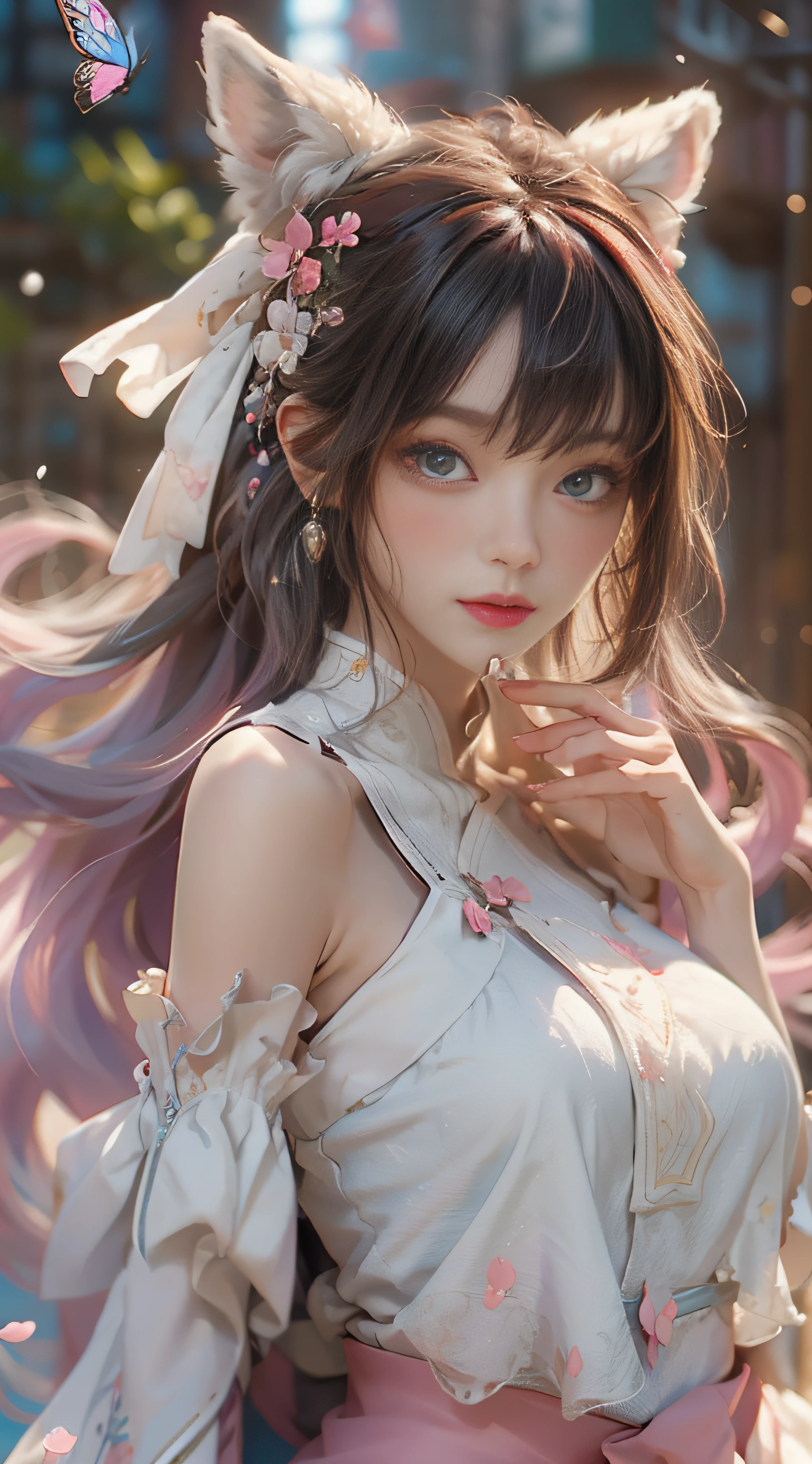 （（best qualtiy））， （（tmasterpiece））， （detail：1.4）， Beautiful cyberpunk female images，hdr（HighDynamicRange），Ray traching，NVIDIA RTX，Hyper-Resolution，illusory 5，sub surface scattering，PBR textures，post-proces，Anisotropy Filtering，depth of fields，maximum definition and sharpness，Many-Layer Textures，Albedo e mapas Speculares，Surface coloring，Mitsu-Accurate simulation of material interactions，perfectly proportioned，rendering by octane，Two-colored light，largeaperture，Low ISO，White balance，Rule three points、8K raw data、Beautiful bright blue pupils，off-the-shoulder clothes，Fine pupils，Delicate face and eyes，long eyelasher，Blushlush，Delicate and fluffy hair，pink lip，Pure，Cute face，Sweet girl，Artistic sense，Casual wear，Advancedsense，butterflys，Cherry blossom petal，Beautiful hair accessories，Long hair and waist，Hair fluttering in the wind，Snow-white fox ears，curlies，Snow-white fluffy tail