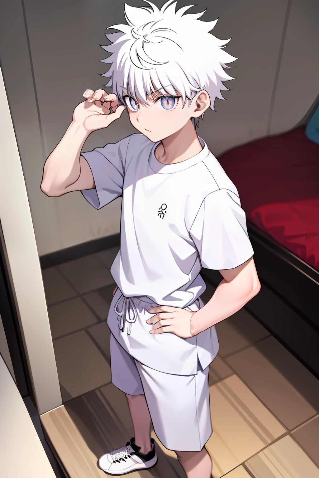 killua_zoldyck,
Quality: highres, top quality, stunning art, detailed
Character details: 1boy, male focus, solo, wide-eyed, constricted pupils
Clothing 3: white shirt, gym uniform, gym shirt, short sleeves, gym yellow shorts, pain white shirt, no logo
Situation:
Location: home muji style