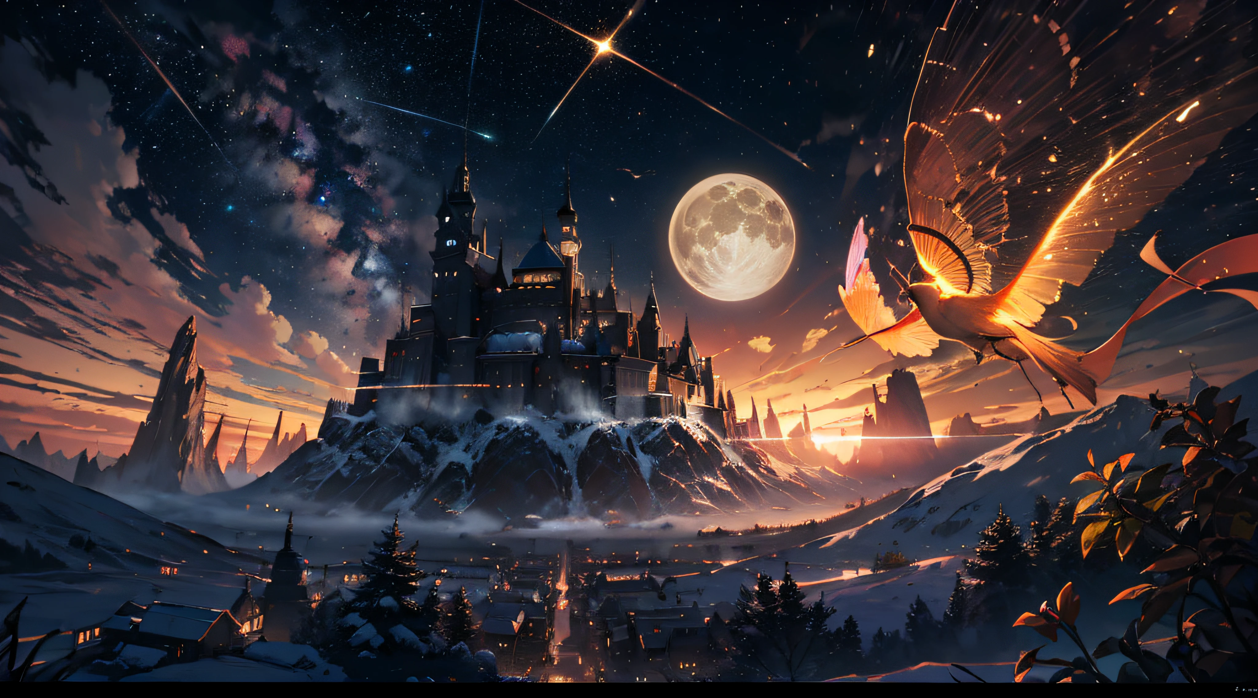 Expansive landscape photograph,(moon full:1.2),(meteors:0.9),(Starcloud:1.3),(Warm light source:1.2),(glowworm:1.2),lamp lights,Lots of purple and orange,Complicated details,Volumetriclighting,Realism BREAK(tmasterpiece:1.2),(best qualtiy),8K,Ultra-detailed,(dynamic compositions:1.4),The is very detailed,Colorful details,(Irridescent color:1.2),(luminouslighting,Atmospheric lighting),dream magical,magical,(独奏:1.2),((best qualtiy)), ((tmasterpiece)), (the detail:1.4),depth of fields,maximum definition and sharpness,perfectly proportions,Fluttering clouds,Wallpapers