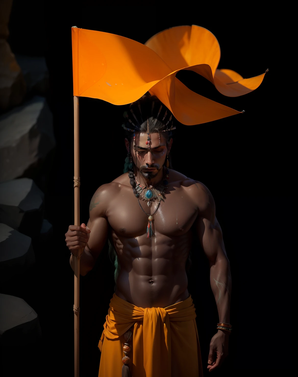 (full portrait), (half shot), solo, detailed background, detailed face, (stonepunkAI, stone theme:1.1), wise, (male), (native Indian), (beautiful hair, braids:0.2), shaman, septum piercing, mystical, (gorgeous face), stunning, head tilted upwards, (eyes closed, serene expression), calm, meditating, Seafoam Green frayed clothes, prayer beads, tribal jewelry, feathers in hair, headdress:0.33, jade, obsidian, detailed clothing, , realistic skin texture, (floating particles, water swirling, embers, ritual, whirlwind, wind:1.2), sharp focus, volumetric lighting, good highlights, good shading, subsurface scatteriintricate, highly detailed, ((cinematic)), dramatic, (highest quality, award winning, masterpiece:1.5), (photorealistic:1.5), (intricate symmetrical warpaint:0.5),