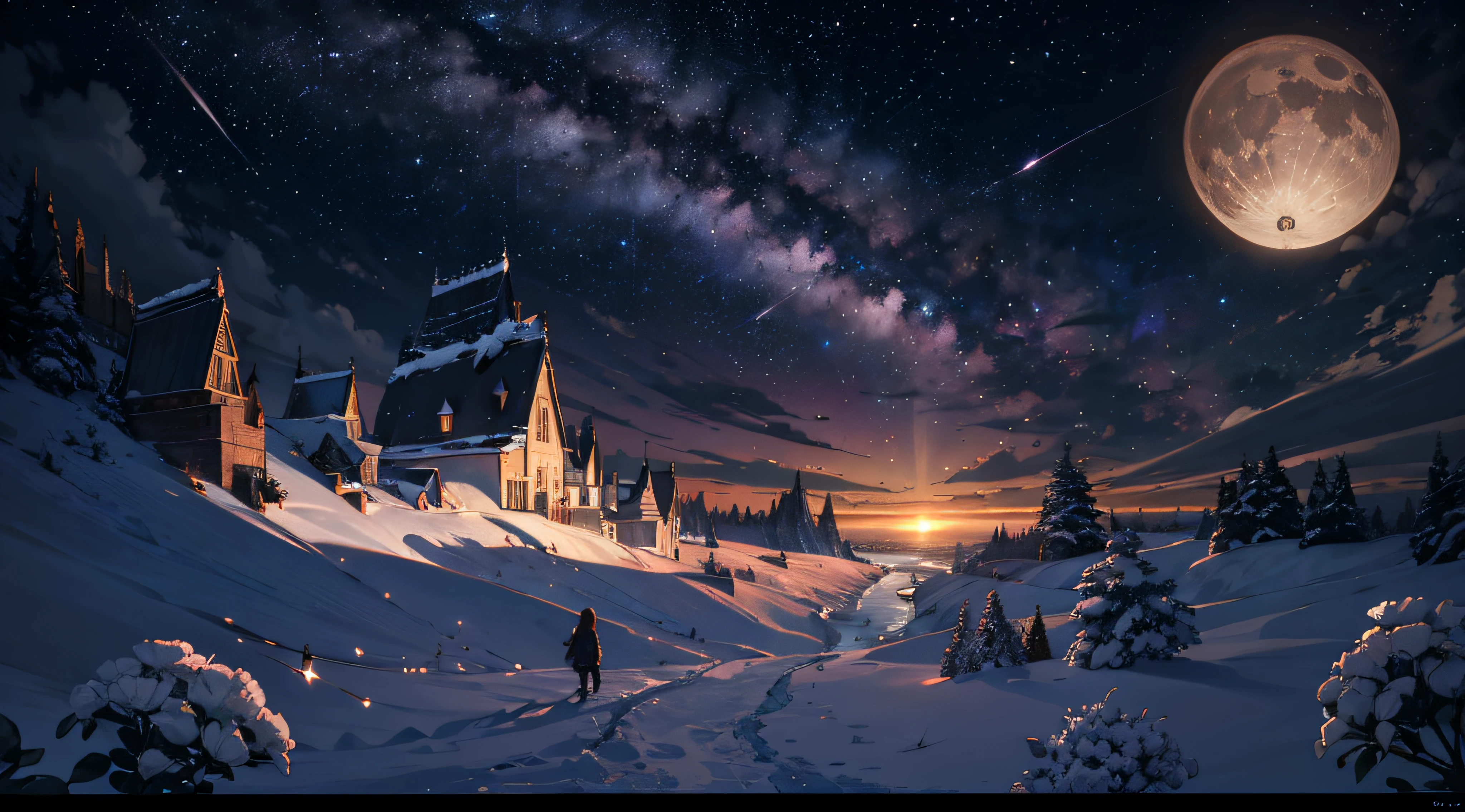 Expansive landscape photograph,(moon full:1.2),(meteors:0.9),(Starcloud:1.3),(Warm light source:1.2),(glowworm:1.2),lamp lights,Lots of purple and orange,Complicated details,Volumetriclighting,Realism BREAK(tmasterpiece:1.2),(best qualtiy),8K,Ultra-detailed,(dynamic compositions:1.4),The is very detailed,Colorful details,(Irridescent color:1.2),(luminouslighting,Atmospheric lighting),dream magical,magical,(独奏:1.2),((best qualtiy)), ((tmasterpiece)), (the detail:1.4),depth of fields,maximum definition and sharpness,perfectly proportions,Fluttering clouds,Wallpapers