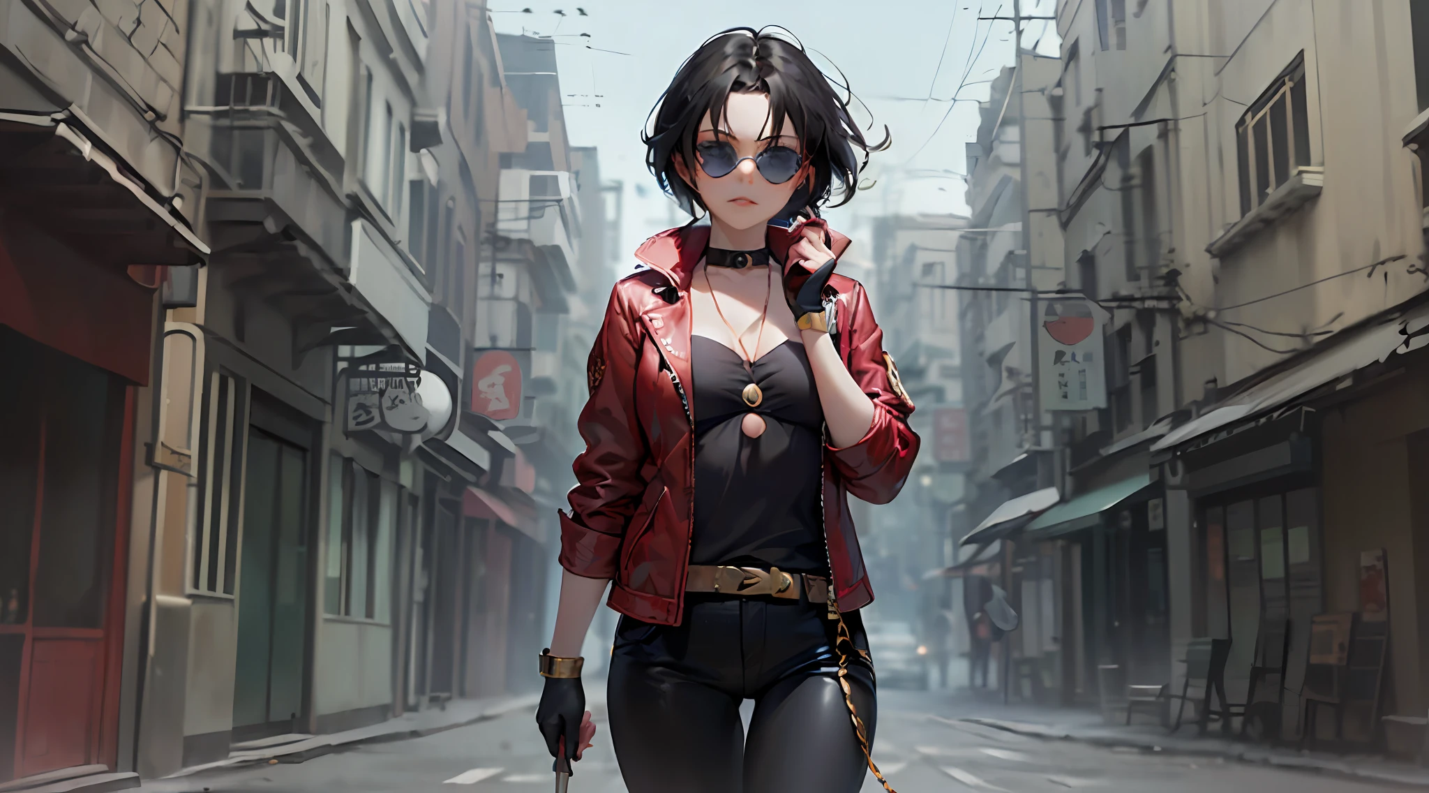 ((create very precision):1.5) An anime character ((Michiko Malandro, is a independent and strong woman):1.4), full take, ((using red jacket and round sunglasses):1.5), solo, (1 character:1.5) Comic book  - --auto --s2