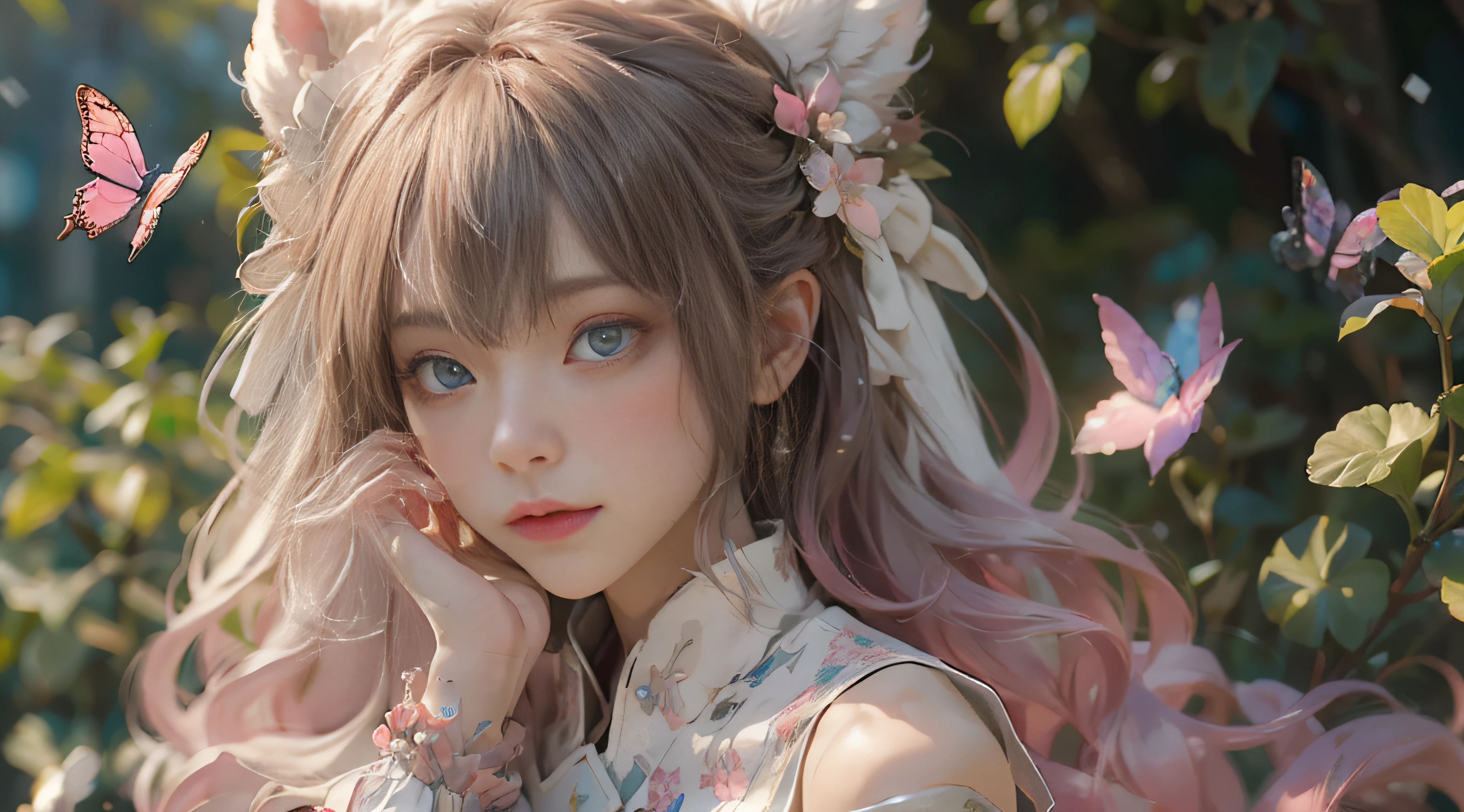 ((best qualtiy)), ((tmasterpiece)), (detail:1.4), Beautiful cyberpunk female images,hdr(HighDynamicRange),Ray traching,NVIDIA RTX,Hyper-Resolution,illusory 5,sub surface scattering,PBR textures,post-proces,Anisotropy Filtering,depth of fields,maximum definition and sharpness,Many-Layer Textures,Albedo e mapas Speculares,Surface coloring,Mitsu-Accurate simulation of material interactions,perfectly proportioned,rendering by octane,Two-colored light,largeaperture,Low ISO,White balance,Rule three points、8K raw data、Beautiful bright blue pupils,off-the-shoulder clothes,Fine pupils,Delicate face and eyes,long eyelasher,Blushlush,Delicate and fluffy hair,pink lip,Pure,Cute face,Sweet girl,Artistic sense,Casual wear,Advancedsense,butterflys,Cherry blossom petal,Beautiful hair accessories,Long hair and waist,Hair fluttering in the wind,Snow-white fox ears,curlies