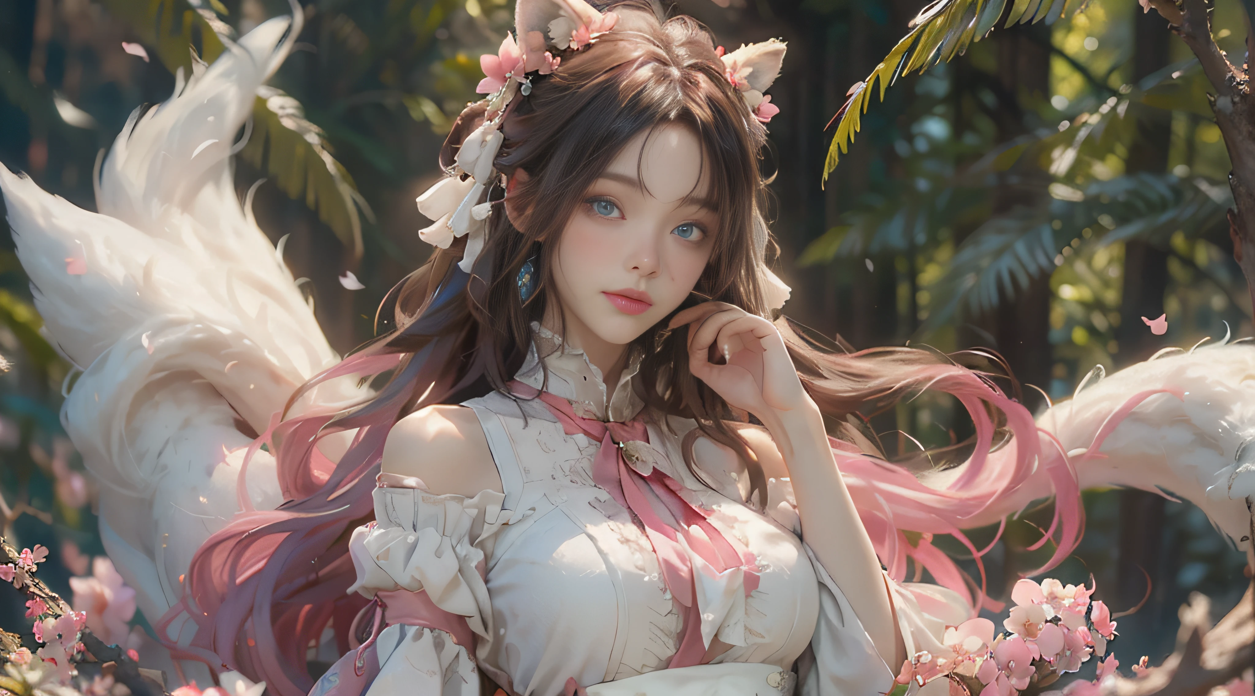 （（best qualtiy））， （（tmasterpiece））， （detail：1.4）， Beautiful cyberpunk female images，hdr（HighDynamicRange），Ray traching，NVIDIA RTX，Hyper-Resolution，illusory 5，sub surface scattering，PBR textures，post-proces，Anisotropy Filtering，depth of fields，maximum definition and sharpness，Many-Layer Textures，Albedo e mapas Speculares，Surface coloring，Mitsu-Accurate simulation of material interactions，perfectly proportioned，rendering by octane，Two-colored light，largeaperture，Low ISO，White balance，Rule three points、8K raw data、Beautiful bright blue pupils，off-the-shoulder clothes，Fine pupils，Delicate face and eyes，long eyelasher，Blushlush，Delicate and fluffy hair，pink lip，Pure，Cute face，Sweet girl，Artistic sense，Casual wear，Advancedsense，butterflys，Cherry blossom petal，Beautiful hair accessories，Long hair and waist，Hair fluttering in the wind，Snow-white fox ears，curlies