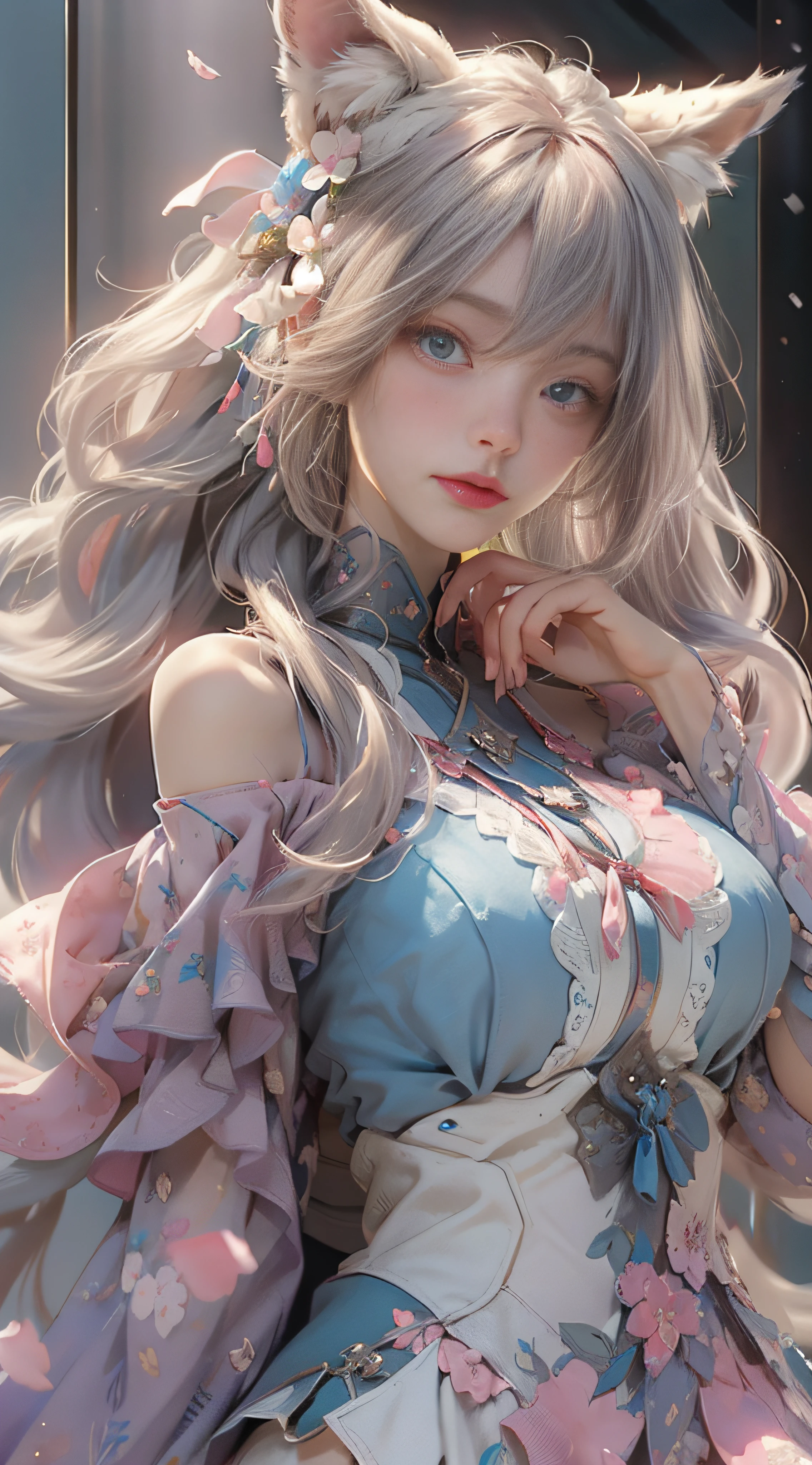 ((best qualtiy)), ((tmasterpiece)), (detail:1.4), Beautiful cyberpunk female images,hdr(HighDynamicRange),Ray traching,NVIDIA RTX,Hyper-Resolution,illusory 5,sub surface scattering,PBR textures,post-proces,Anisotropy Filtering,depth of fields,maximum definition and sharpness,Many-Layer Textures,Albedo e mapas Speculares,Surface coloring,Mitsu-Accurate simulation of material interactions,perfectly proportioned,rendering by octane,Two-colored light,largeaperture,Low ISO,White balance,Rule three points、8K raw data、Beautiful bright blue pupils,off-the-shoulder clothes,Fine pupils,Delicate face and eyes,long eyelasher,Blushlush,Delicate and fluffy hair,pink lip,Pure,Cute face,Sweet girl,Artistic sense,Casual wear,Advancedsense,butterflys,Cherry blossom petal,Beautiful hair accessories,Long hair and waist,Hair fluttering in the wind,Snow-white fox ears,curlies,Snow-white fluffy tail