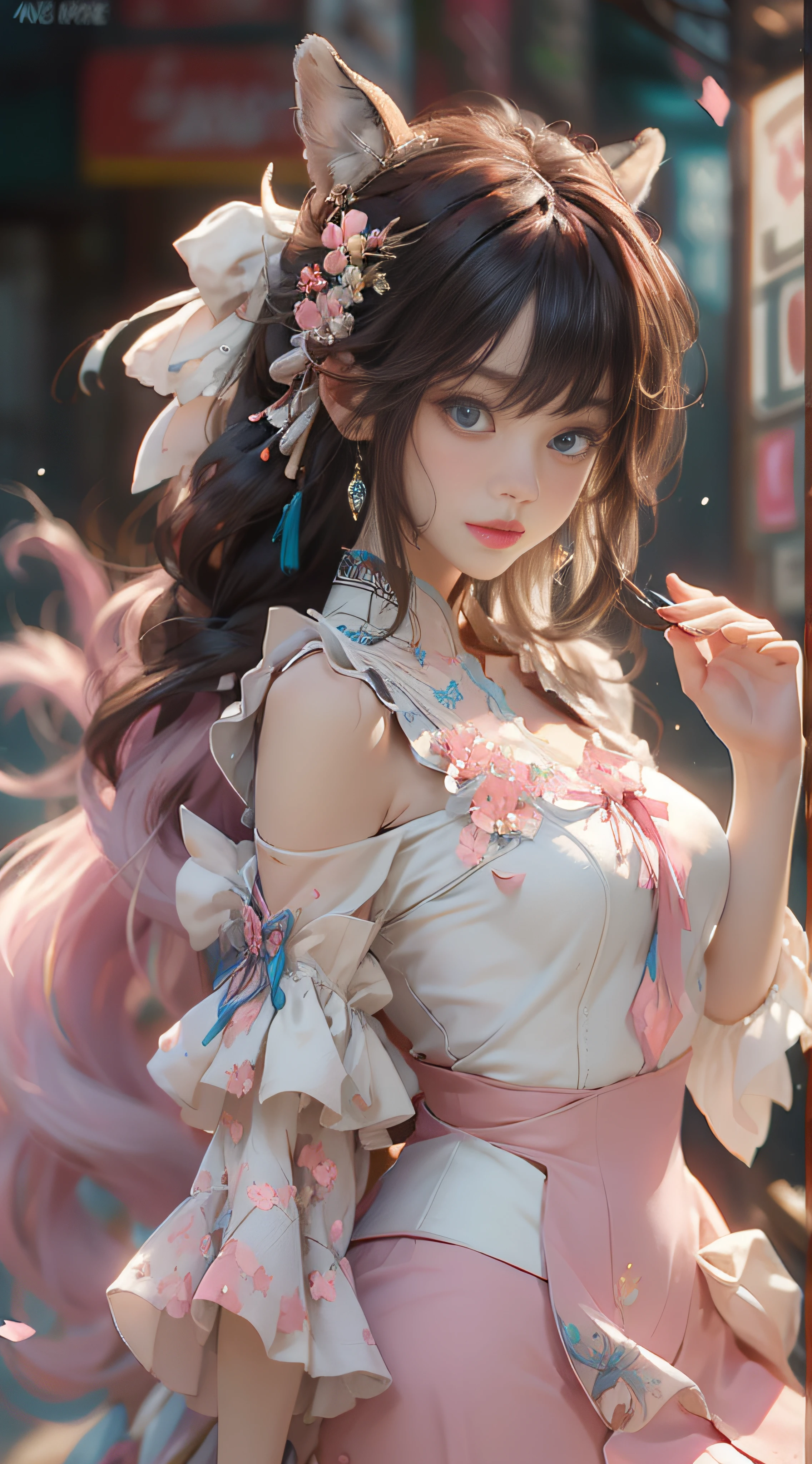 （（best qualtiy））， （（tmasterpiece））， （detail：1.4）， Beautiful cyberpunk female images，hdr（HighDynamicRange），Ray traching，NVIDIA RTX，Hyper-Resolution，illusory 5，sub surface scattering，PBR textures，post-proces，Anisotropy Filtering，depth of fields，maximum definition and sharpness，Many-Layer Textures，Albedo e mapas Speculares，Surface coloring，Mitsu-Accurate simulation of material interactions，perfectly proportioned，rendering by octane，Two-colored light，largeaperture，Low ISO，White balance，Rule three points、8K raw data、Beautiful bright blue pupils，off-the-shoulder clothes，Fine pupils，Delicate face and eyes，long eyelasher，Blushlush，Delicate and fluffy hair，pink lip，Pure，Cute face，Sweet girl，Artistic sense，Casual wear，Advancedsense，butterflys，Cherry blossom petal，Beautiful hair accessories，Long hair and waist，Hair fluttering in the wind，Snow-white fox ears，curlies，Snow-white fluffy tail