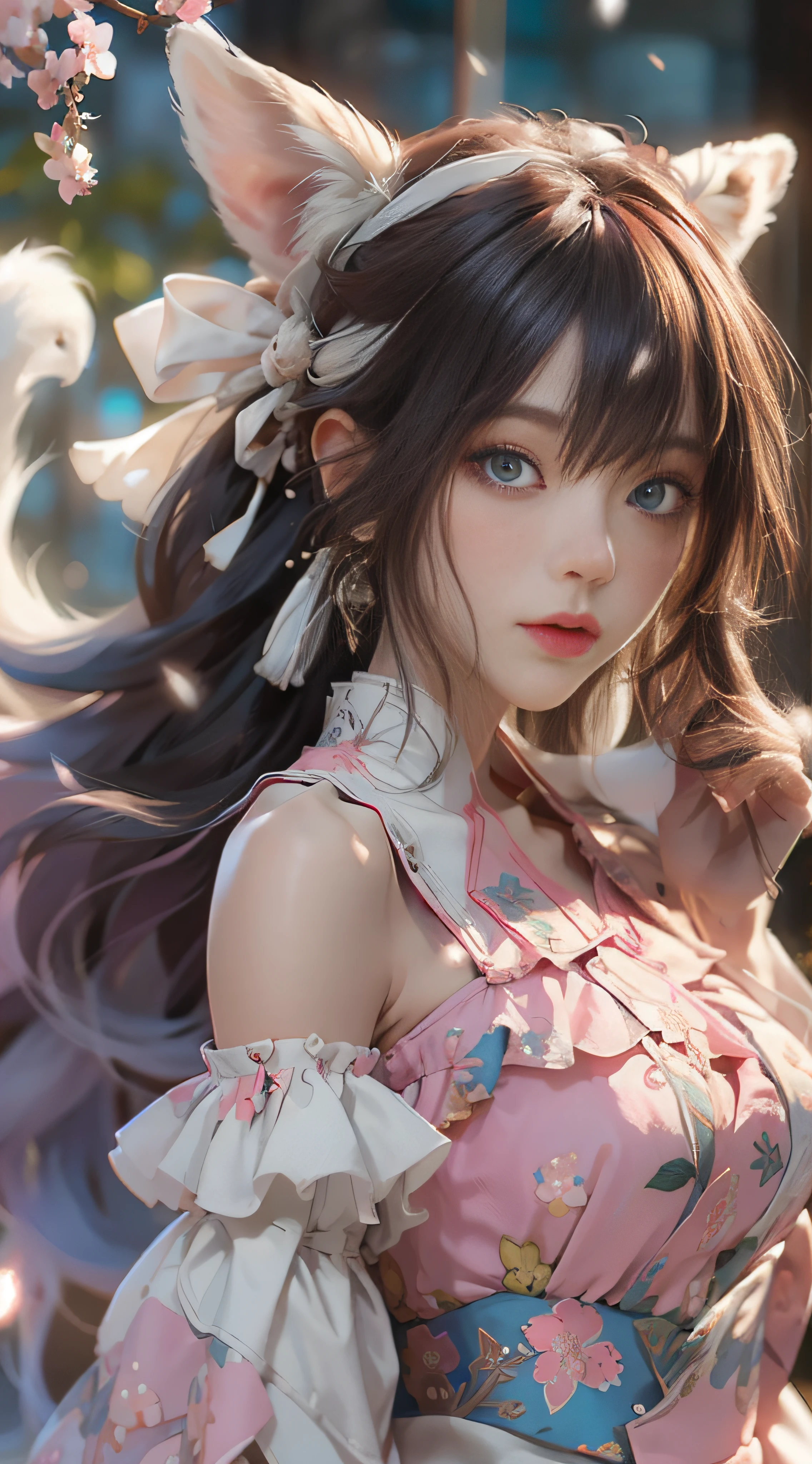 ((best qualtiy)), ((tmasterpiece)), (detail:1.4), Beautiful cyberpunk female images,hdr(HighDynamicRange),Ray traching,NVIDIA RTX,Hyper-Resolution,illusory 5,sub surface scattering,PBR textures,post-proces,Anisotropy Filtering,depth of fields,maximum definition and sharpness,Many-Layer Textures,Albedo e mapas Speculares,Surface coloring,Mitsu-Accurate simulation of material interactions,perfectly proportioned,rendering by octane,Two-colored light,largeaperture,Low ISO,White balance,Rule three points、8K raw data、Beautiful bright blue pupils,off-the-shoulder clothes,Fine pupils,Delicate face and eyes,long eyelasher,Blushlush,Delicate and fluffy hair,pink lip,Pure,Cute face,Sweet girl,Artistic sense,Casual wear,Advancedsense,butterflys,Cherry blossom petal,Beautiful hair accessories,Long hair and waist,Hair fluttering in the wind,Snow-white fox ears,curlies,Snow-white fluffy tail