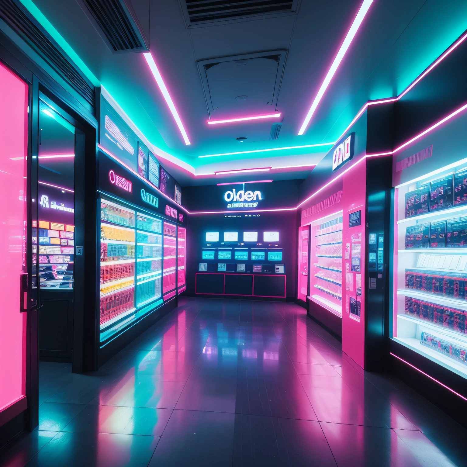 An image of the interior of a modern electronics store, onde um letreiro de LED Full HD exibe produtos de alta tecnologia em cores rosa e azul neon. The sharp and vibrant details of the images attract the attention of customers, creating a technological and engaging environment.