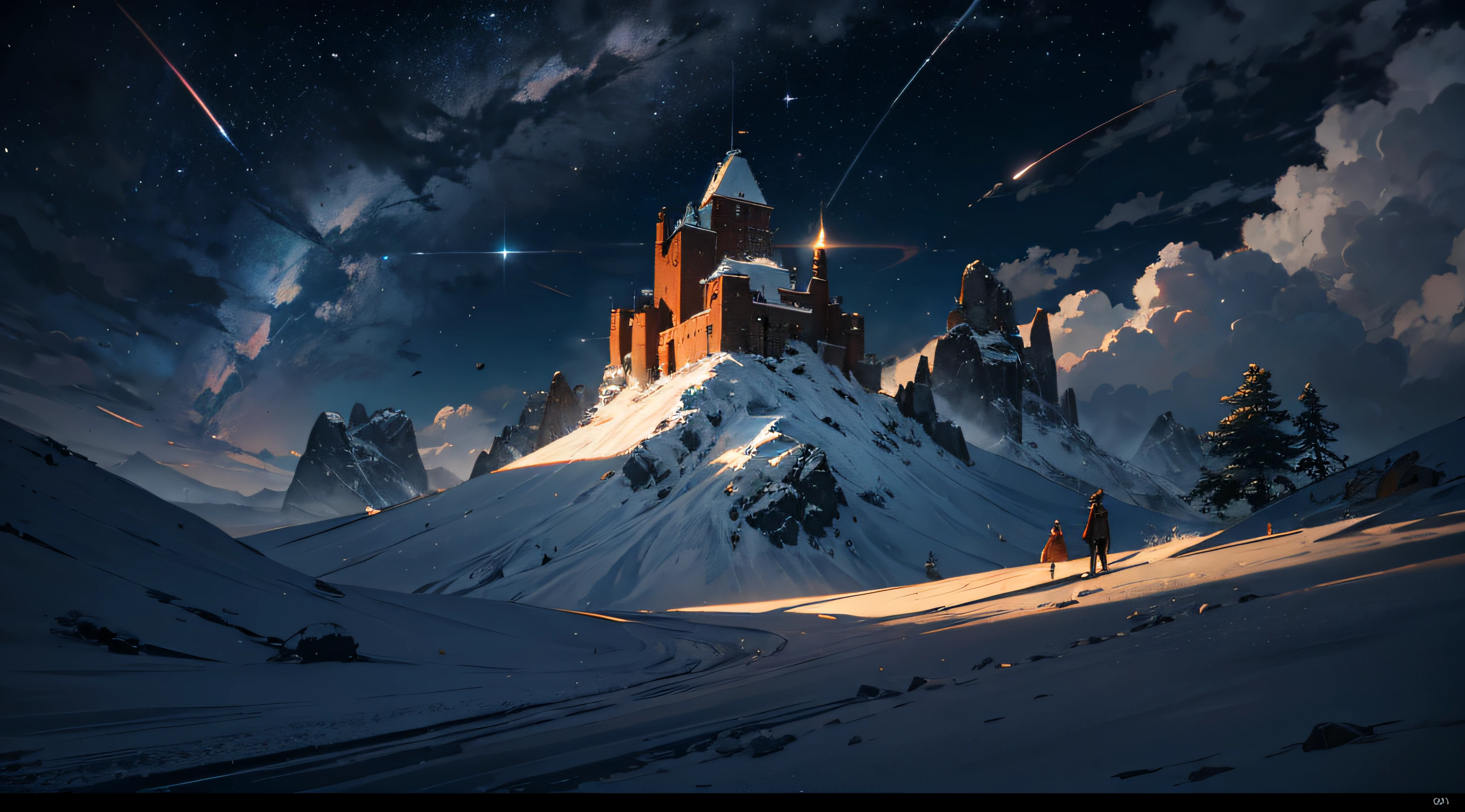 Expansive landscape photograph,(moon full:1.2),(meteors:0.9),(Starcloud:1.3),(Warm light source:1.2),(glowworm:1.2),lamp lights,Lots of purple and orange,Complicated details,Volumetriclighting,Realism BREAK(tmasterpiece:1.2),(best qualtiy),8K,Ultra-detailed,(dynamic compositions:1.4),The is very detailed,Colorful details,(Irridescent color:1.2),(luminouslighting,Atmospheric lighting),dream magical,magical,(独奏:1.2),((best qualtiy)), ((tmasterpiece)), (the detail:1.4),depth of fields,maximum definition and sharpness,perfectly proportions,Fluttering clouds,Wallpapers