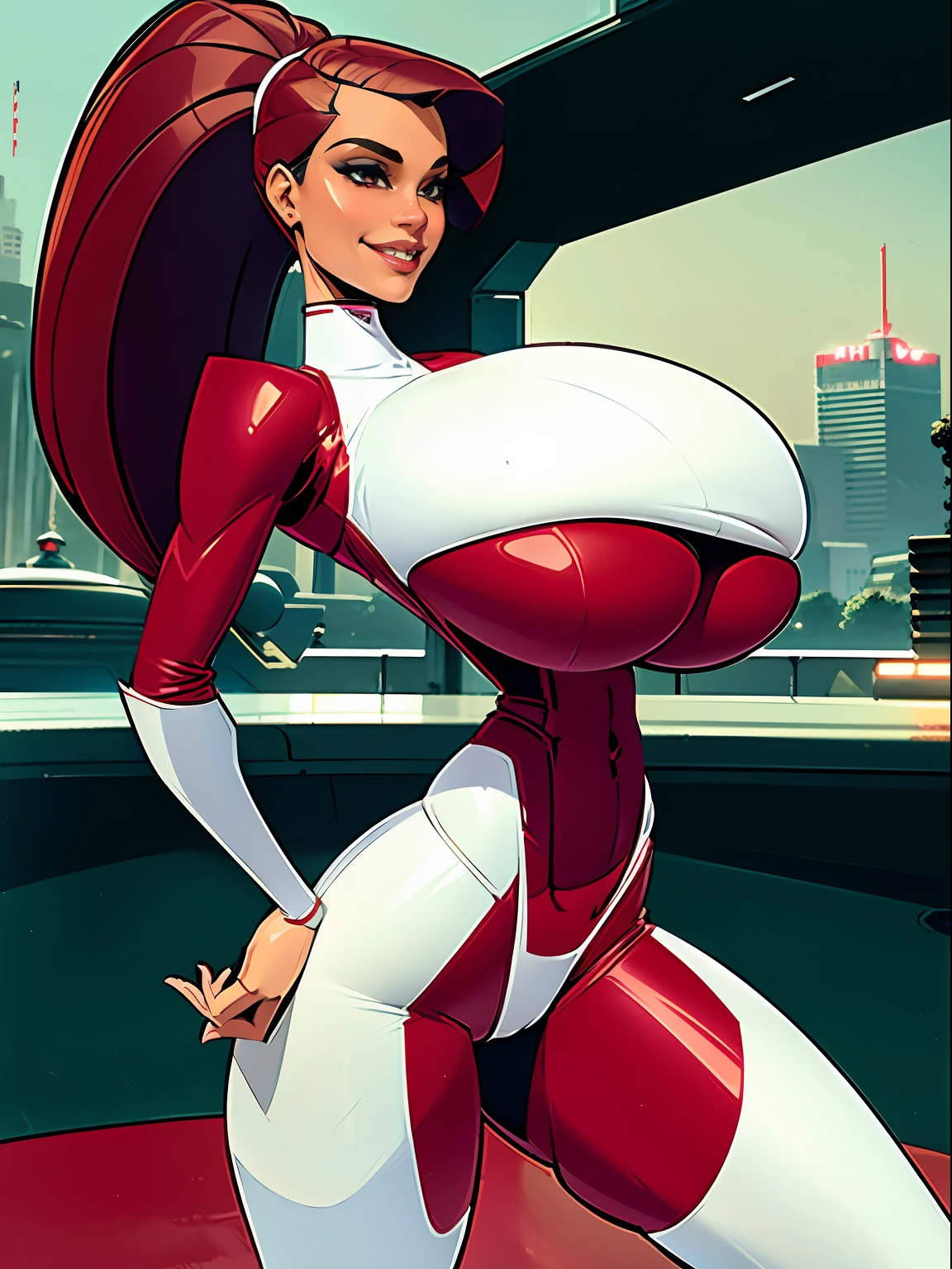 1girl, busty brunette comic book woman, gorgeous face, masterpiece, beautiful, high quality, high definition, superb quality, highly detailed, insane detail, hands on hips, happy, smiling, sexy pose, hand on hip, long hair, huge ponytail, slim, thin, athletic, womanly, rubbery, elastic woman, (modest red spandex with white panels on sides, red and white morph suit, tight top), rubber body, brunette, (((gigantic breasts, gigantic boobs, massive tits, slim waist, overflowing breasts, too big for her top))), city, soft lighting, natural lighting, natural color, heroic, cheerful, (bold nose, hawkish facial features),